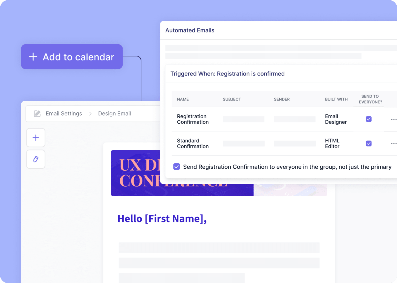 Swoogo automated event email setup showing registration confirmation messages and add-to-calendar options for attendees.
