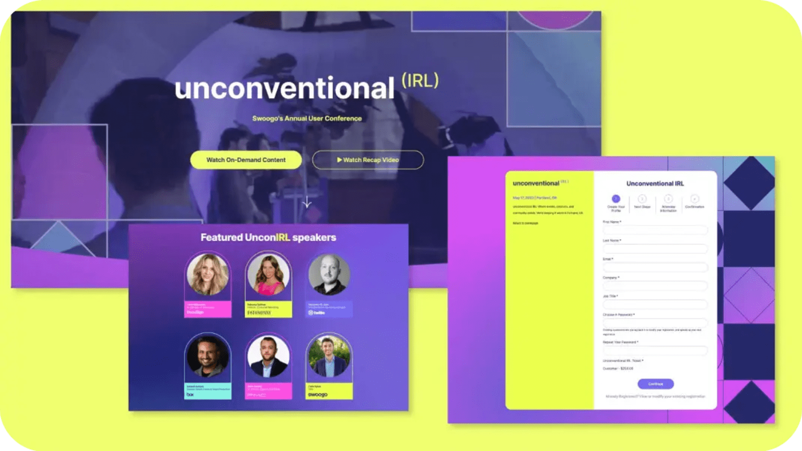 Swoogo Unconventional (IRL) annual user conference branded website, event registration form, and featured speakers.