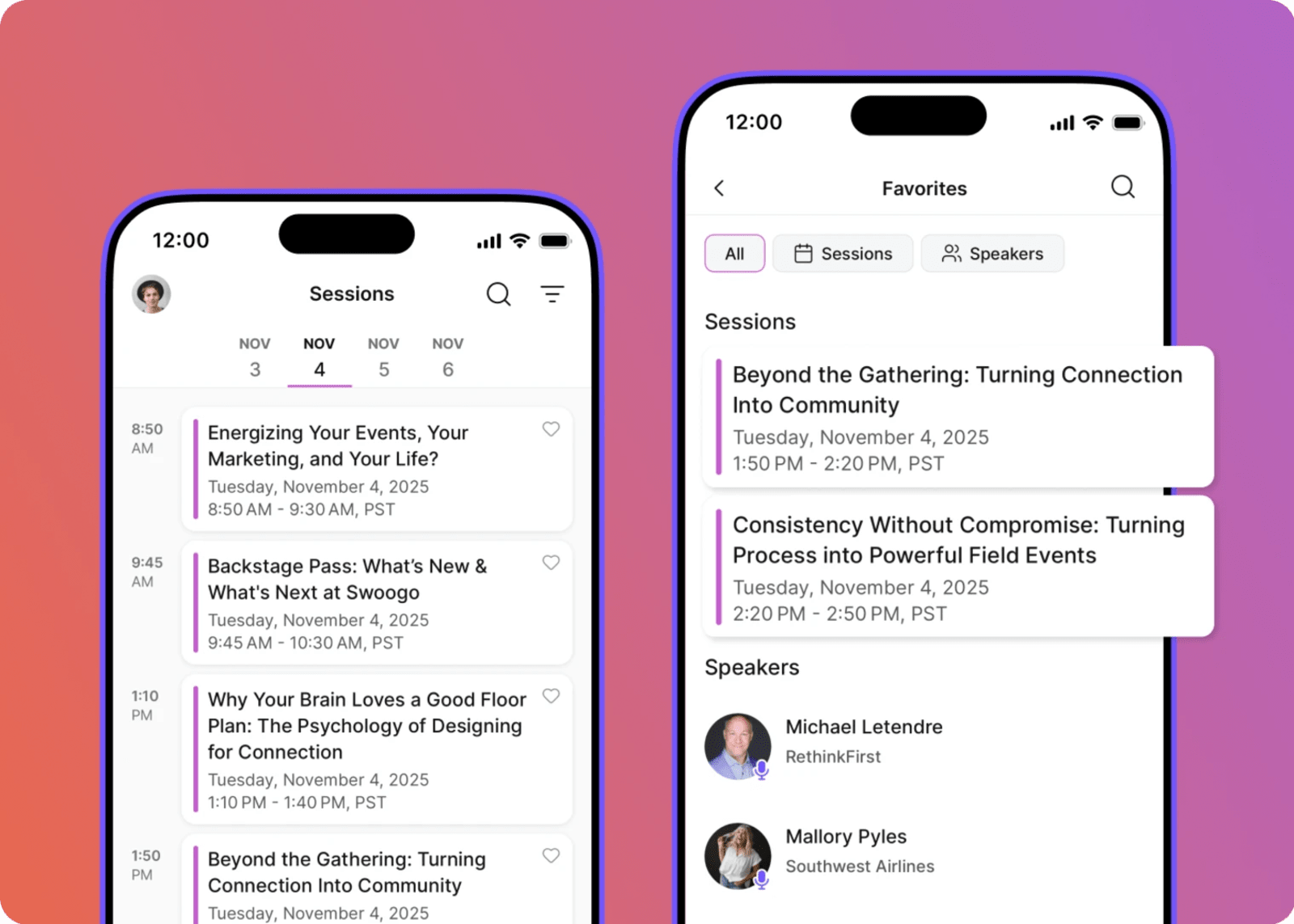 Swoogo event mobile app with a personalized agenda and favorite speakers and sessions.