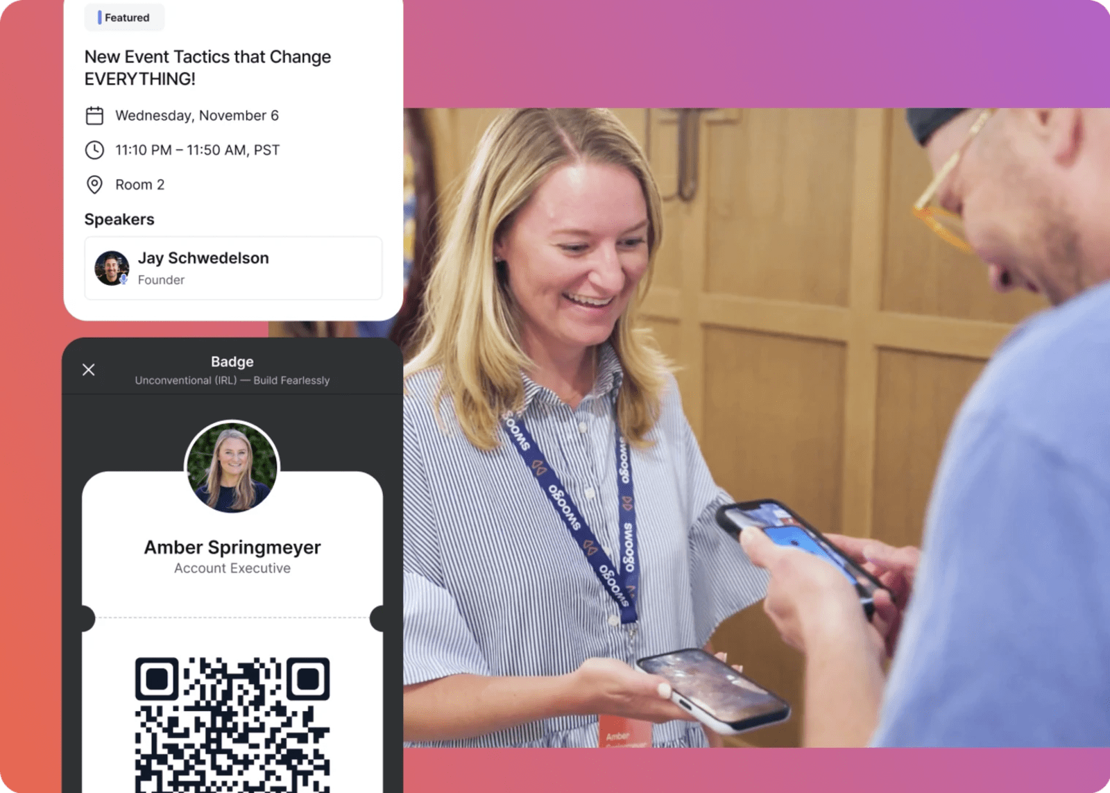 Swoogo smart badge with QR code used for event check-in and session access.