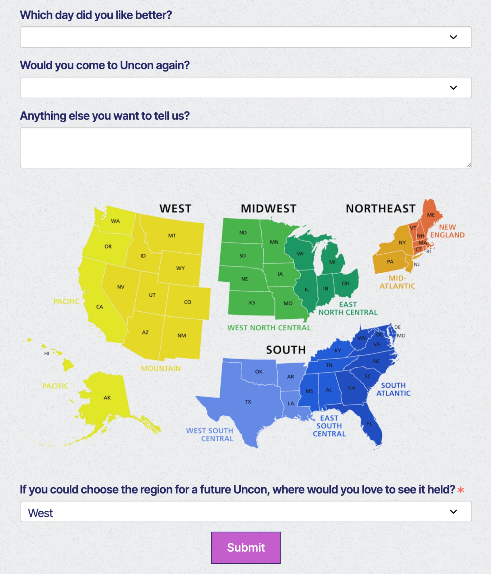 Post event survey example with interactive map from Swoogo's UNCON.