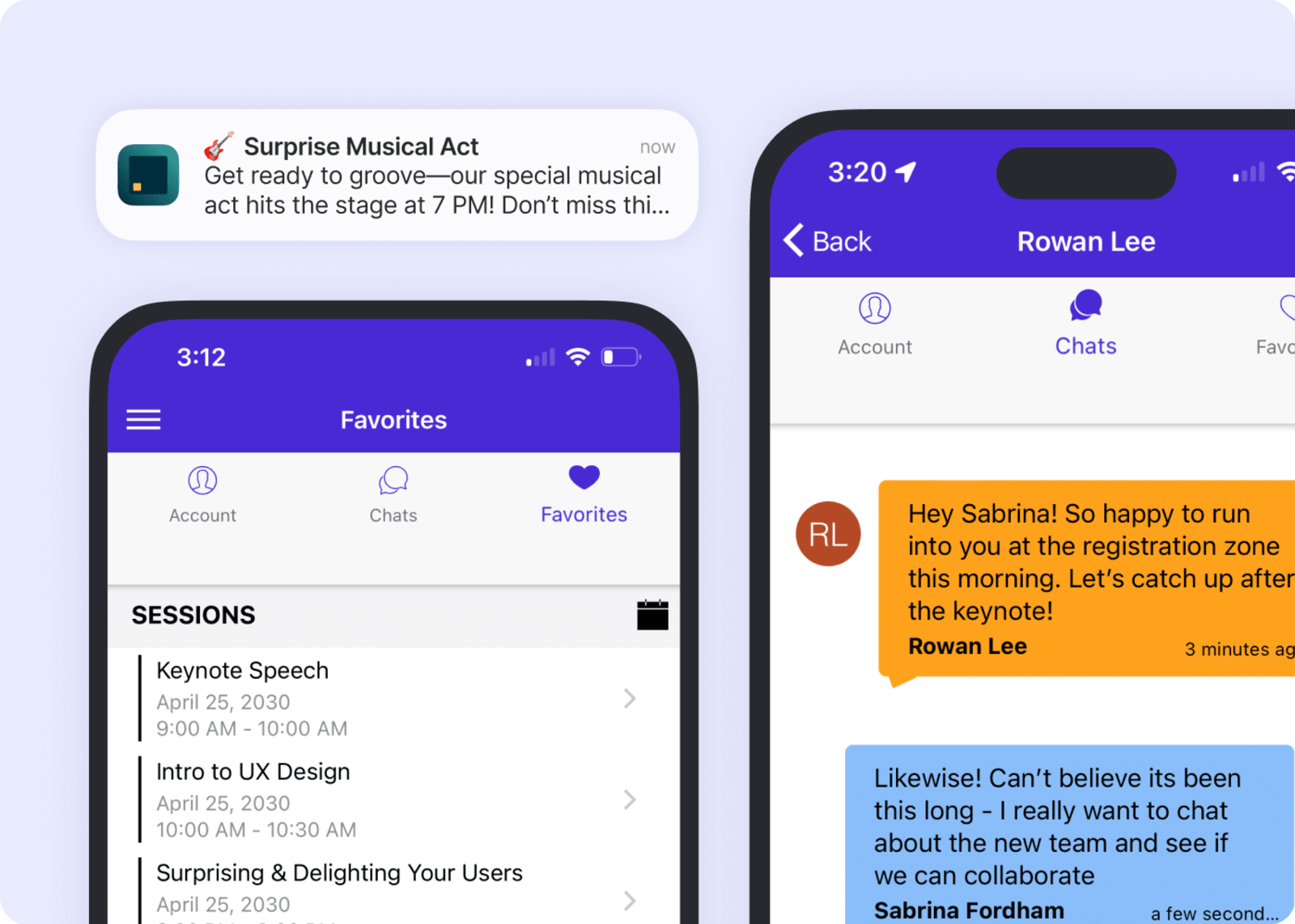 Swoogo's event mobile app showing screenshots of upcoming sessions, post-event check-in follow-ups, and real-time event updates.