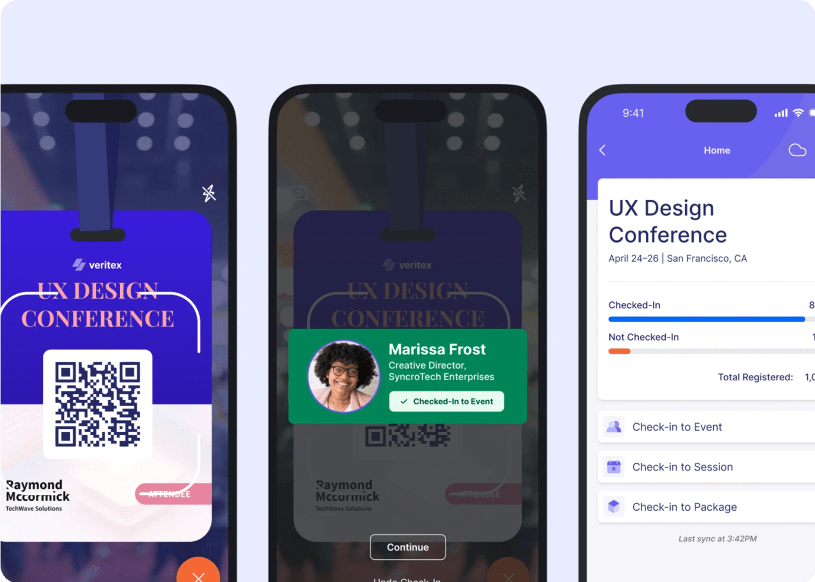 Three smartphone screens show Swoogo’s event check-in app in action: the first displays a QR code being scanned, the second shows a successful check-in confirmation, and the third shows event analytics with check-in progress and session options.