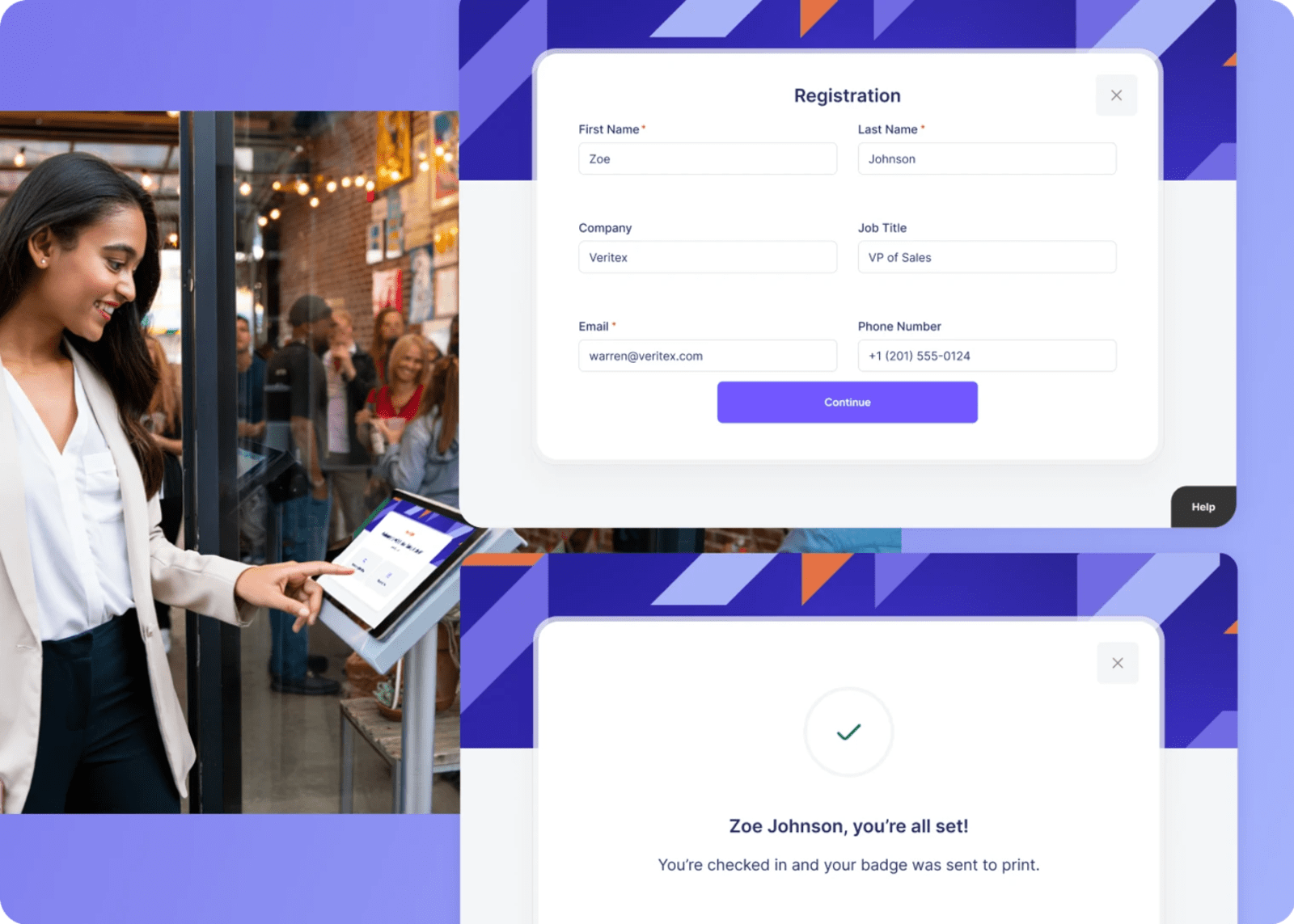 An attendee uses a tablet at an event check-in station powered by Swoogo. The screen shows a registration form with attendee details, followed by a confirmation message indicating successful check-in and badge printing.