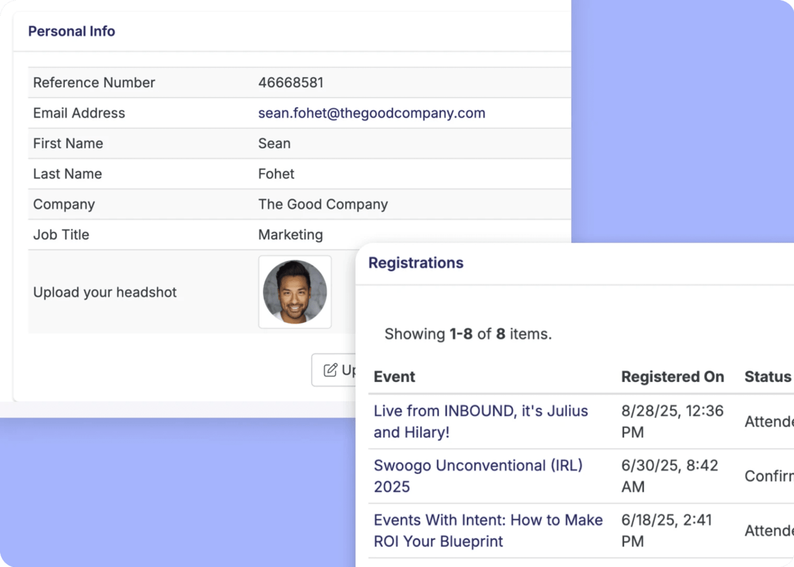 Swoogo attendee profile with registration data used for event reporting and sponsorship measurement.