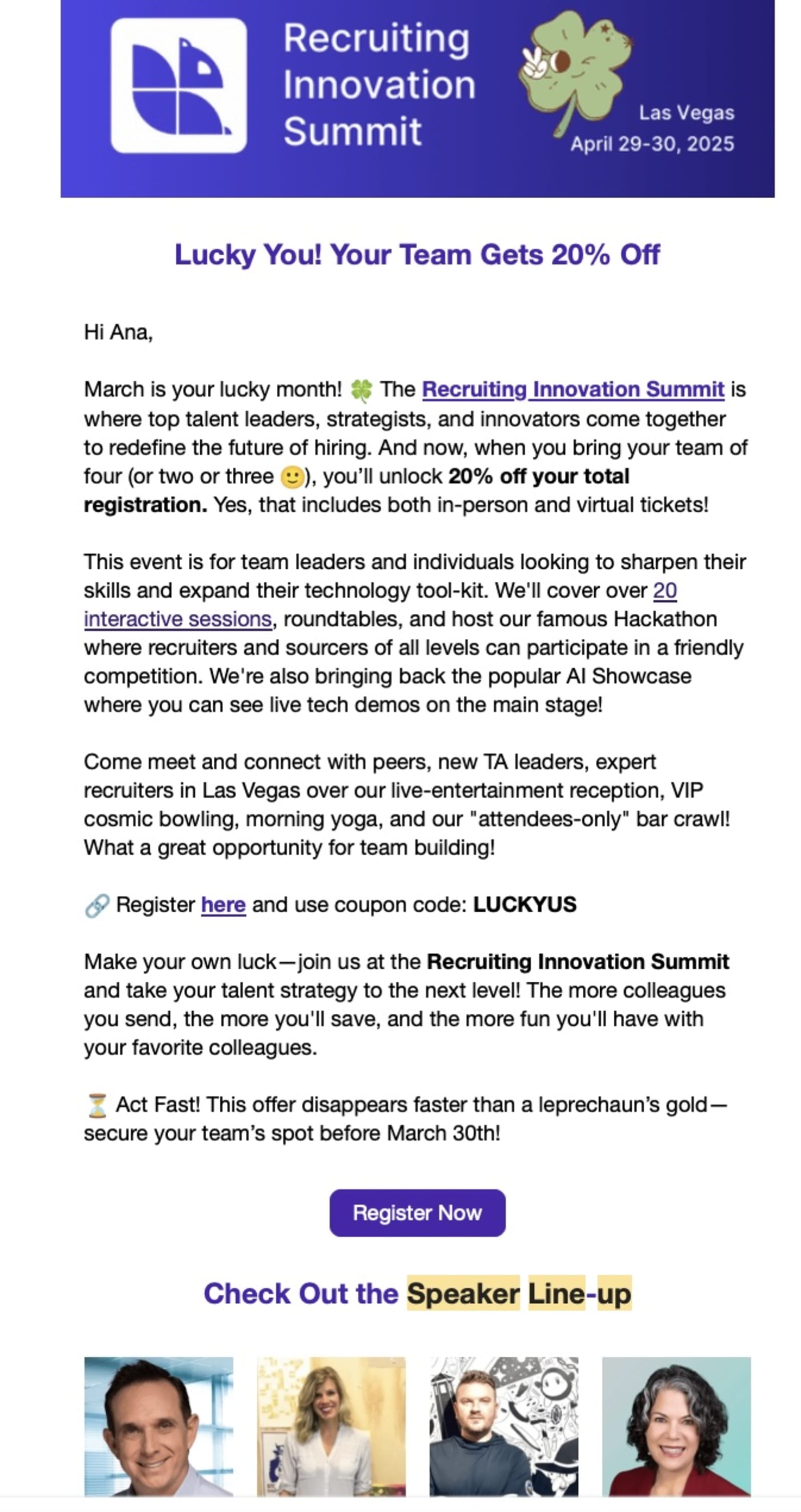 Recruiting Innovation Summit event retargeting email template.
