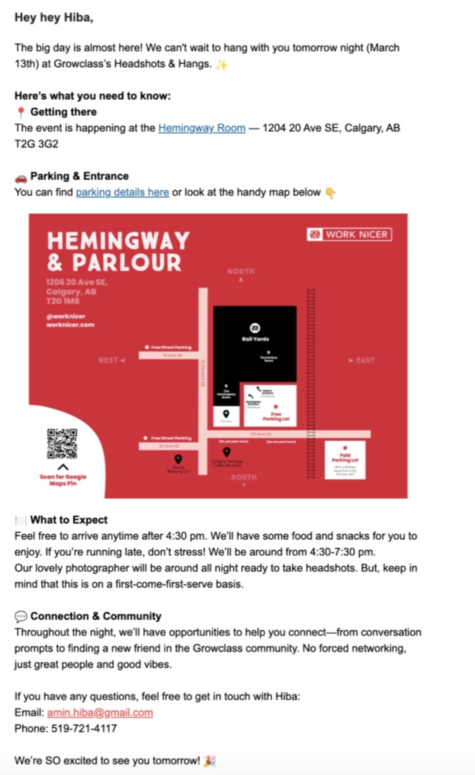 Growclass's event reminder and final details email.
