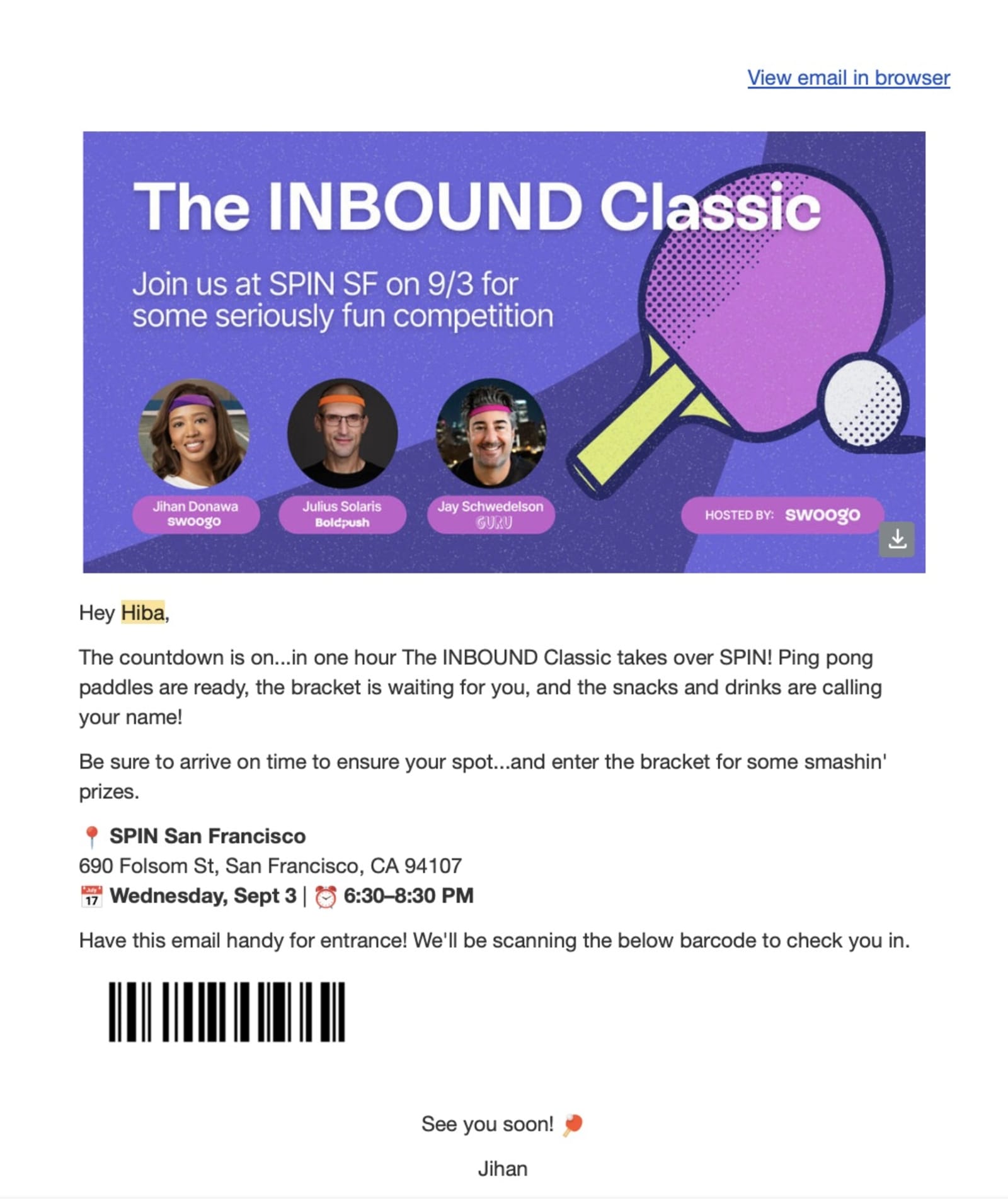 Swoogo's Inbound Classic final details email