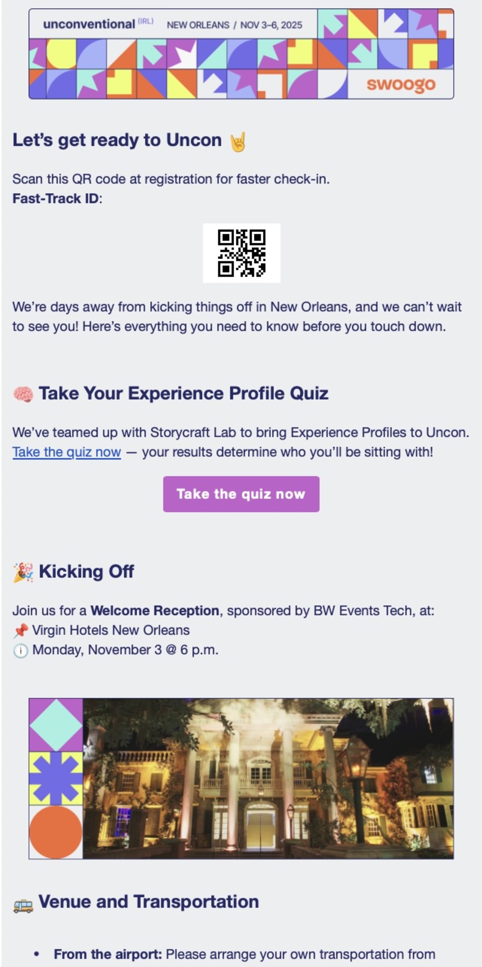 Swoogo's know before you go email example