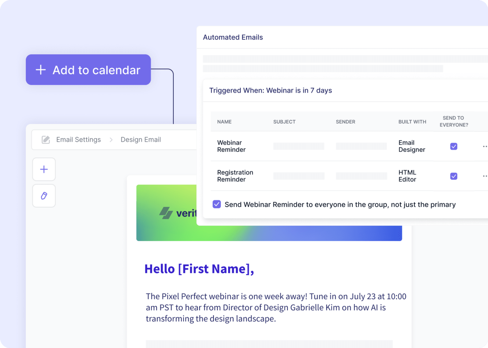 Screenshot of Swoogo's automated emails with Add to Calendar functionality.