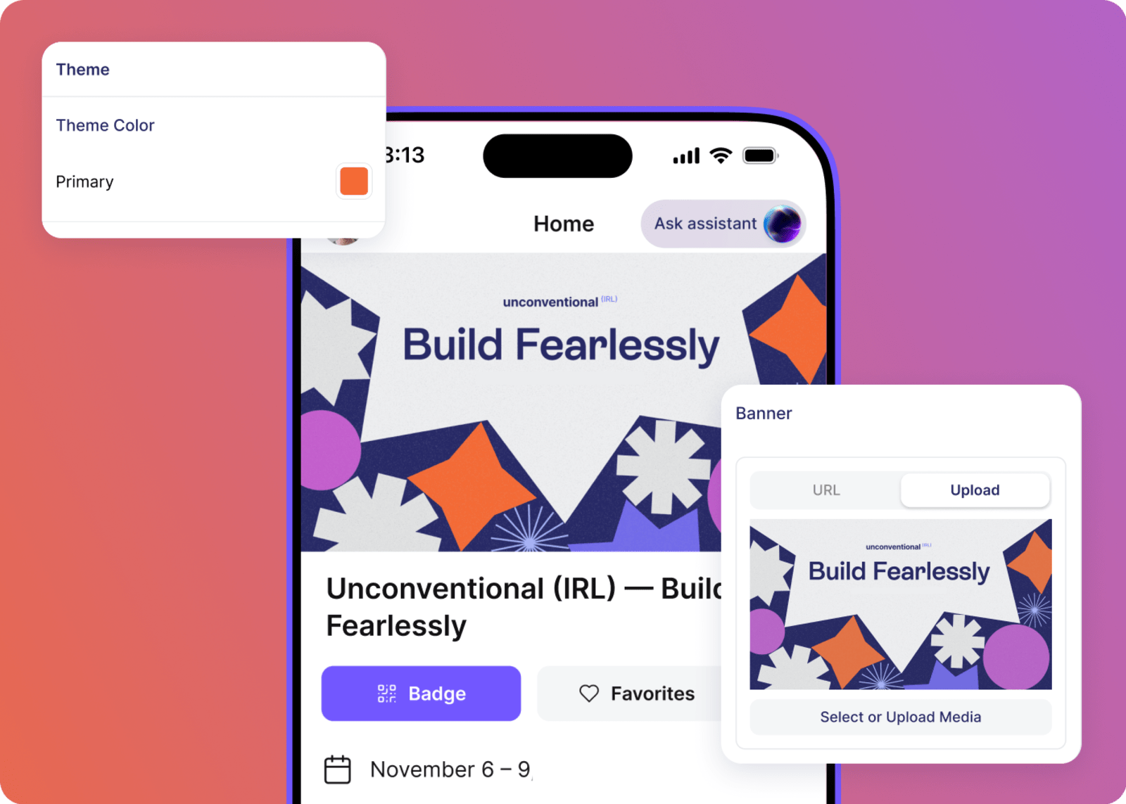 Product graphic showing how you can edit your event branding when setting up an event in Swoogo's Go Attend app.