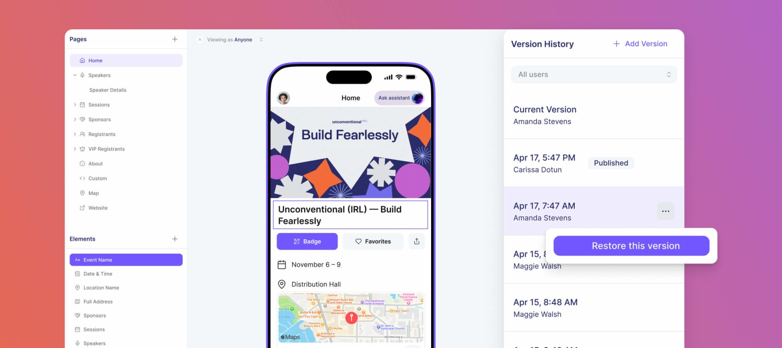 Go Attend app builder with version history panel