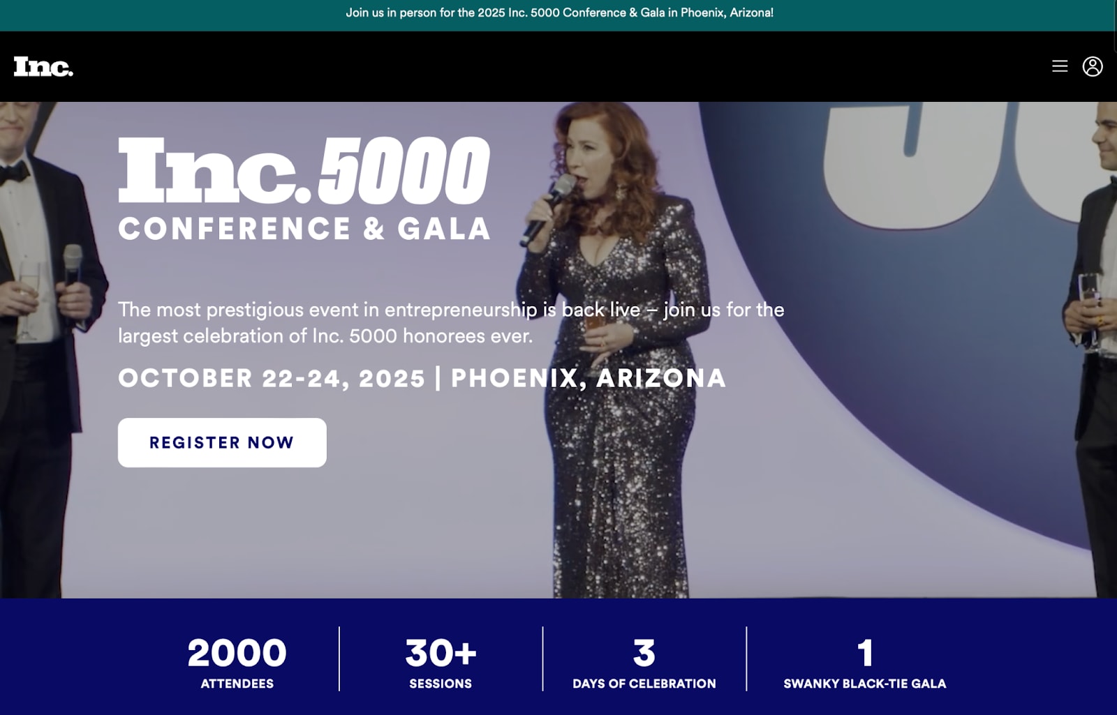 Inc. 5000’s simple landing page design features key information above the fold.