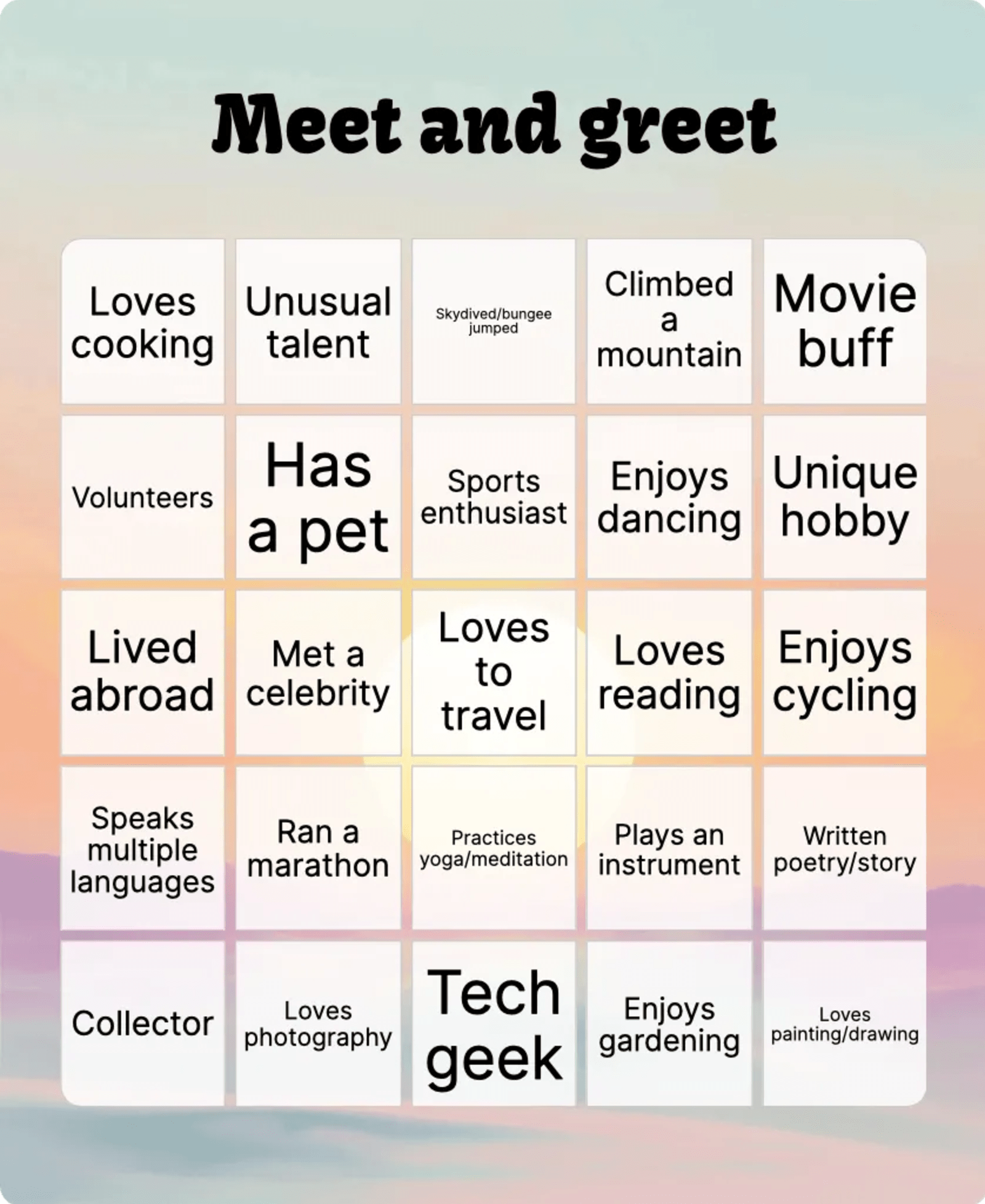 Close-up of a people bingo card with networking prompts and checkboxes.