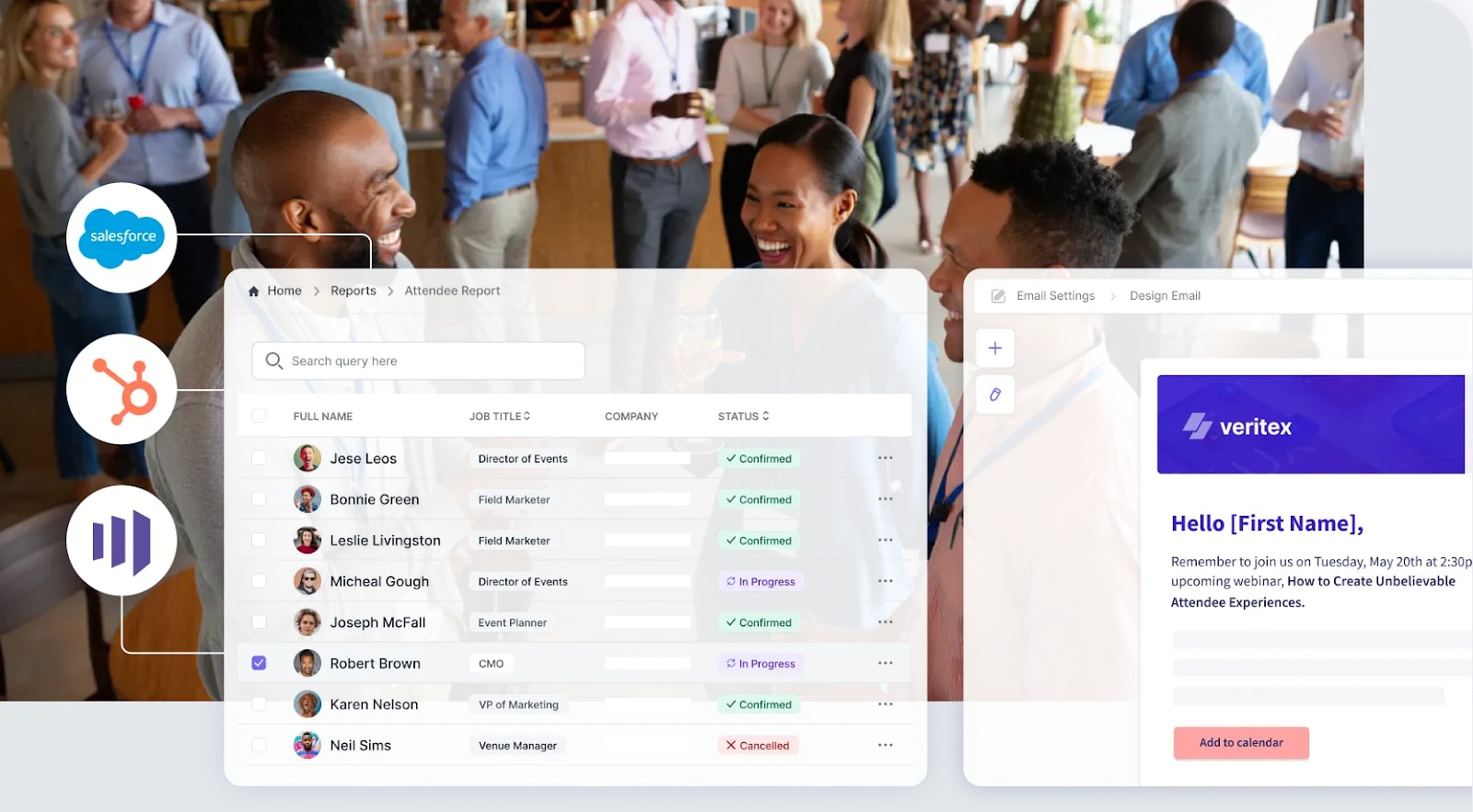 Swoogo attendee report and email tools shown over a networking event, with CRM integrations like Salesforce and HubSpot.