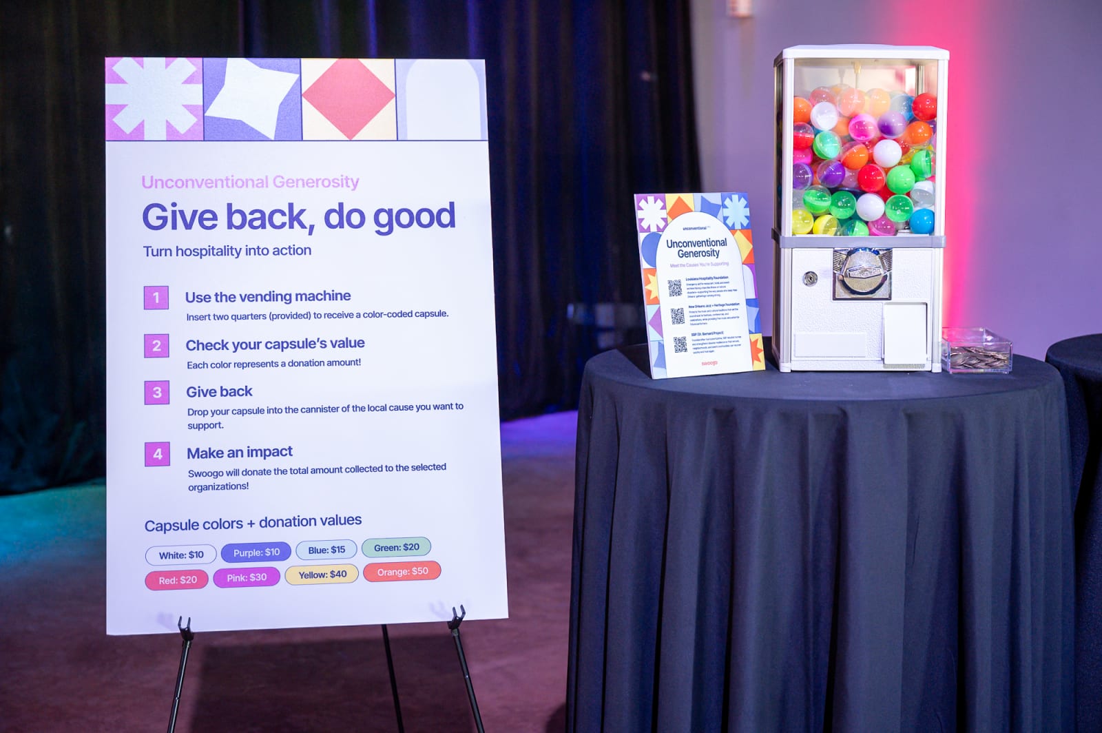 Interactive charitable giving vending machine at Unconventional (IRL) supporting local New Orleans nonprofits