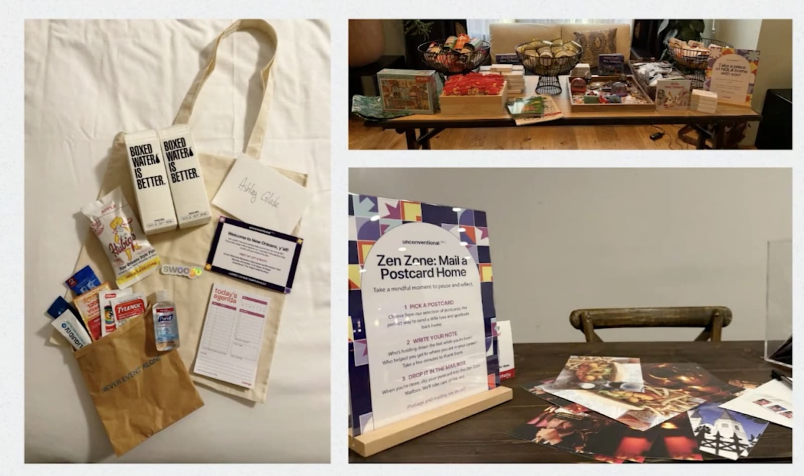 Welcome gift bag at Unconventional (IRL) featuring local New Orleans treats and personalized notes