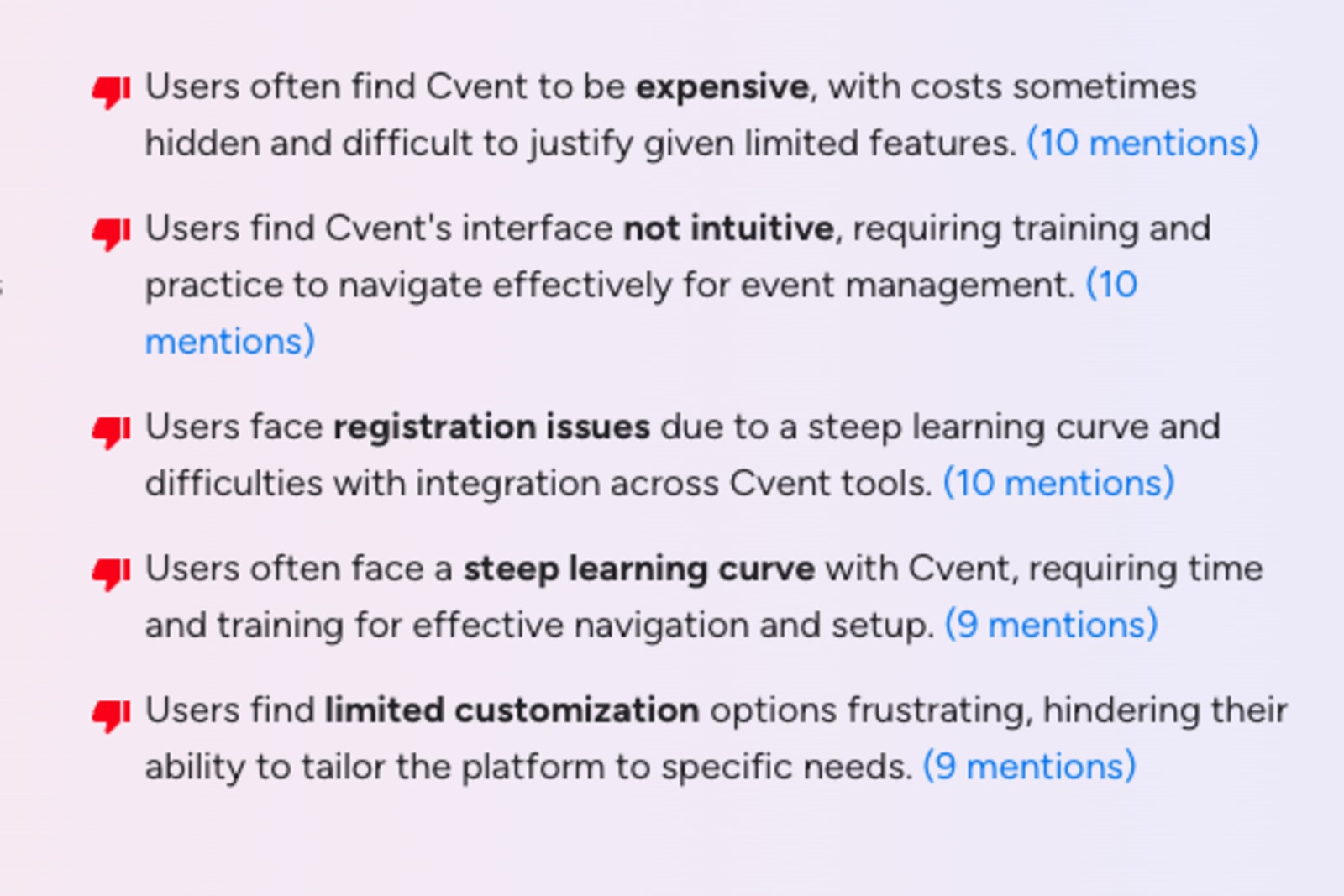 G2 reviews citing biggest challenges with Cvent