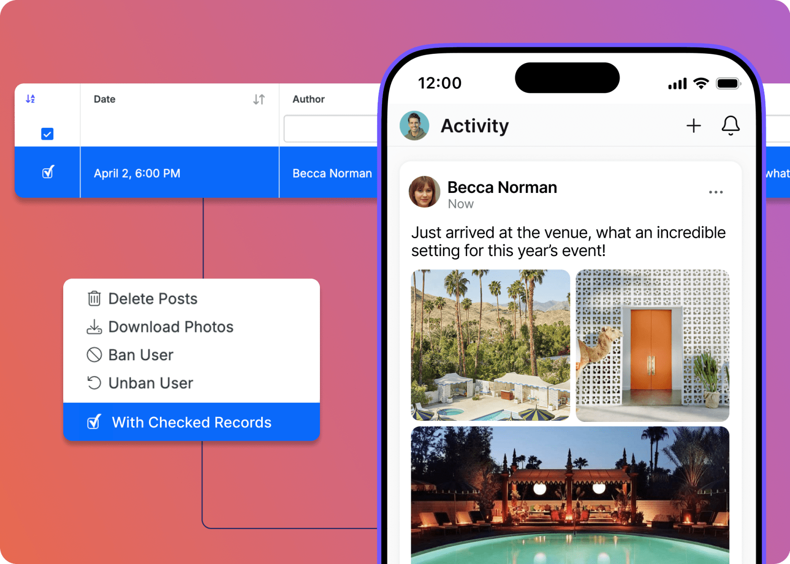 Go Attend Activity Feed on a mobile phone showing an attendee photo post from the event venue, with admin moderation controls for deleting posts, downloading photos in bulk, and managing users.