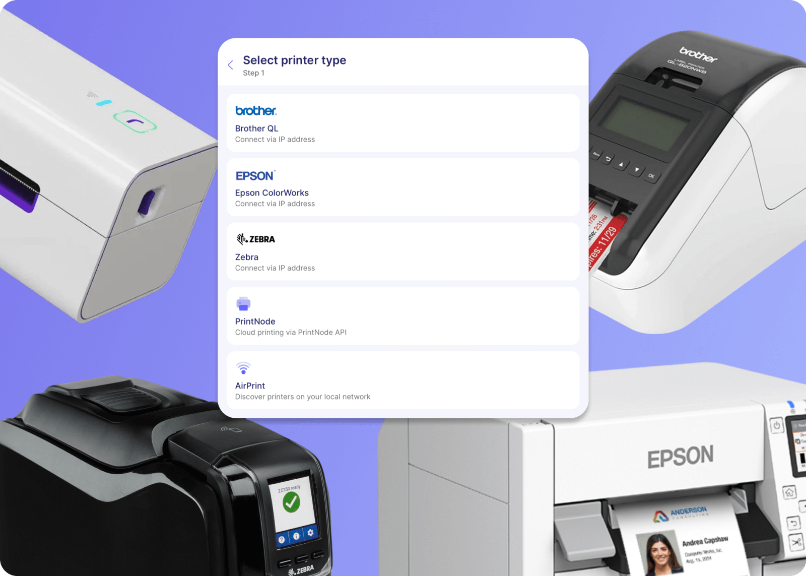 Go Onsite printer setup screen displaying compatible badge printers — Brother QL, Epson ColorWorks, Zebra, PrintNode, and AirPrint — with photos of Brother and Epson printers in the background.