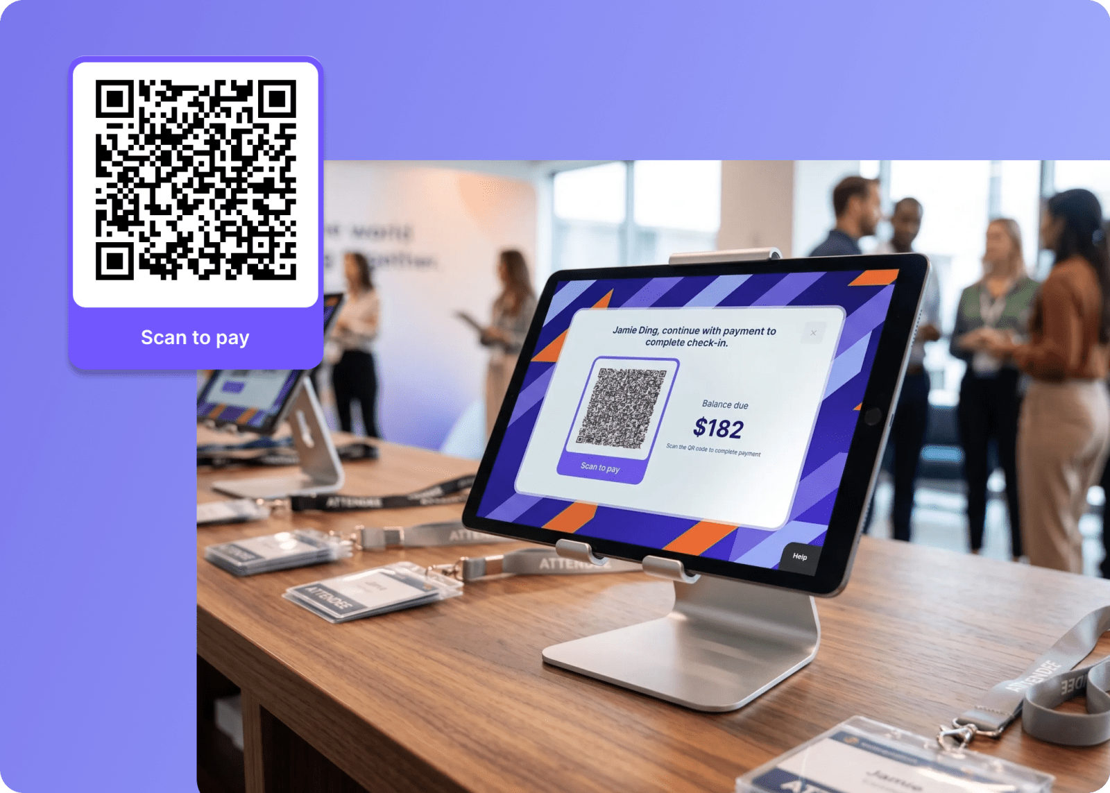 Onsite check-in kiosk tablet displaying a balance-due screen with a "Scan to pay" QR code, allowing attendees to complete secure checkout from their own device.