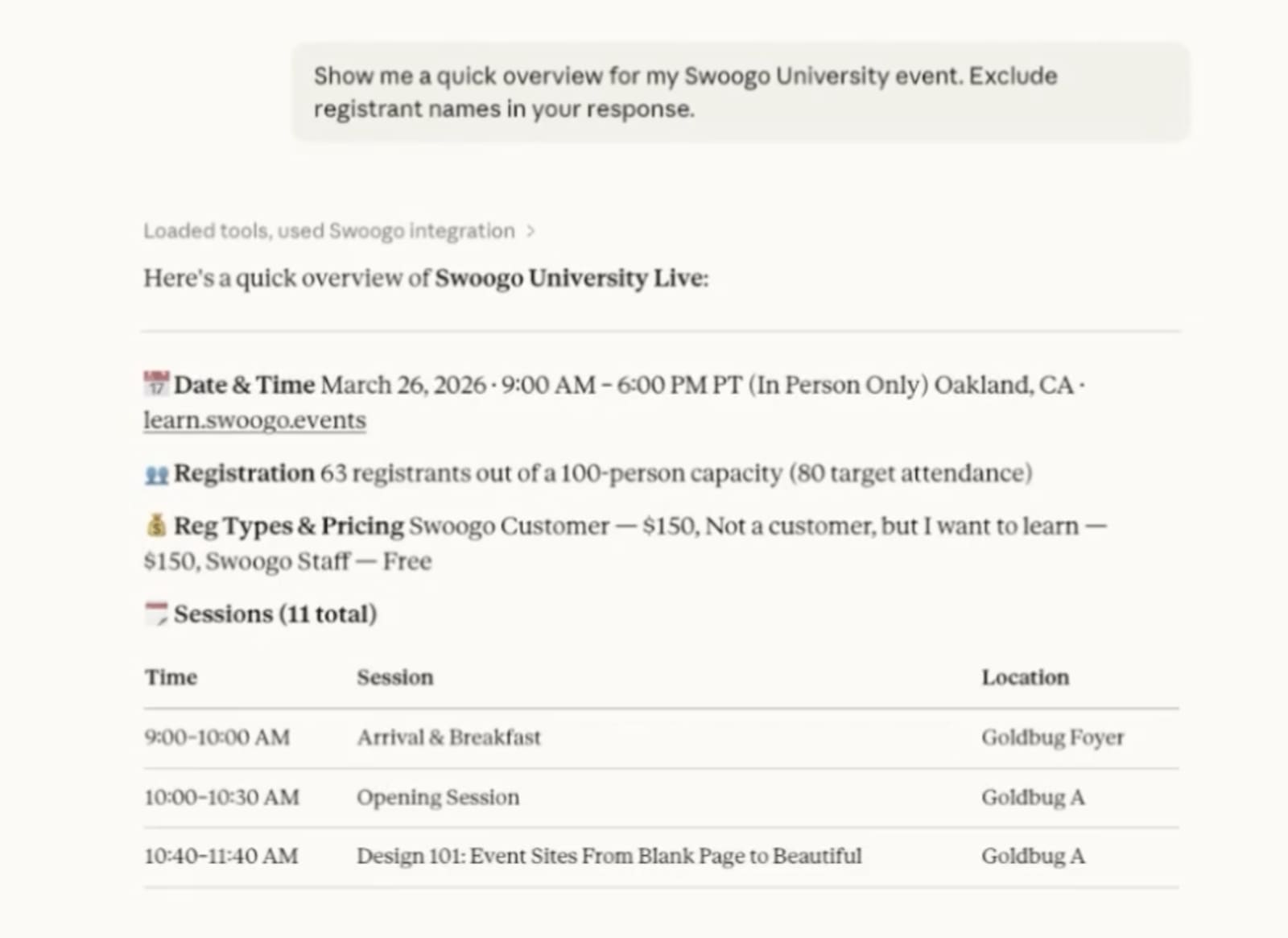 Claude provides quick overviews of upcoming event from Swoogo event data.