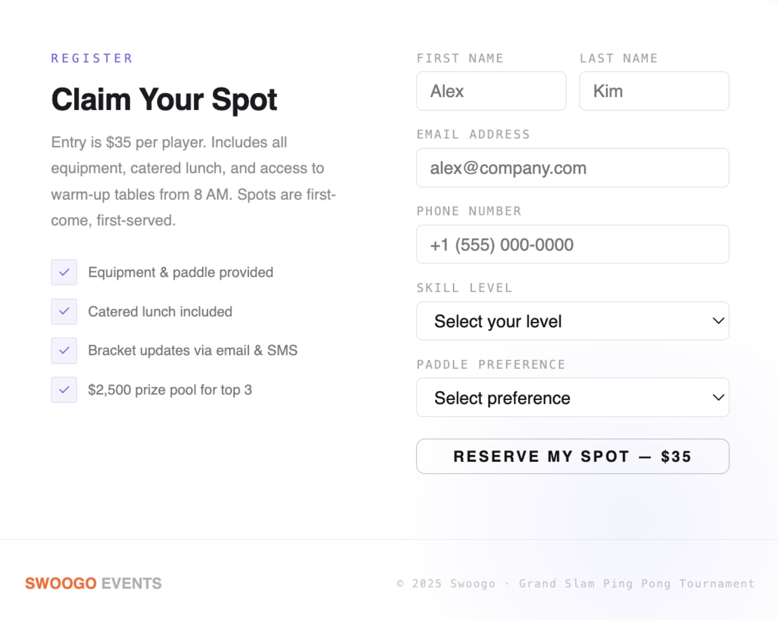 vibe coded event landing page for Swoogo ping pong event, showing registration