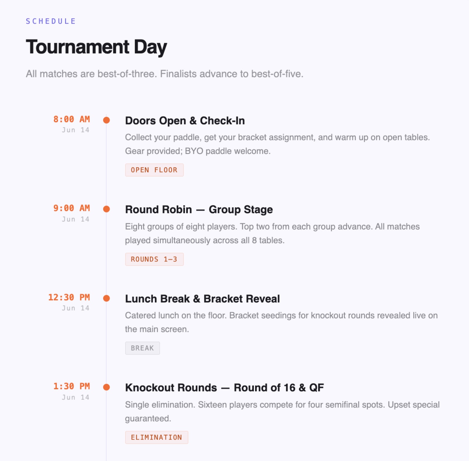vibe coded event landing page for Swoogo ping pong event, showing schedule