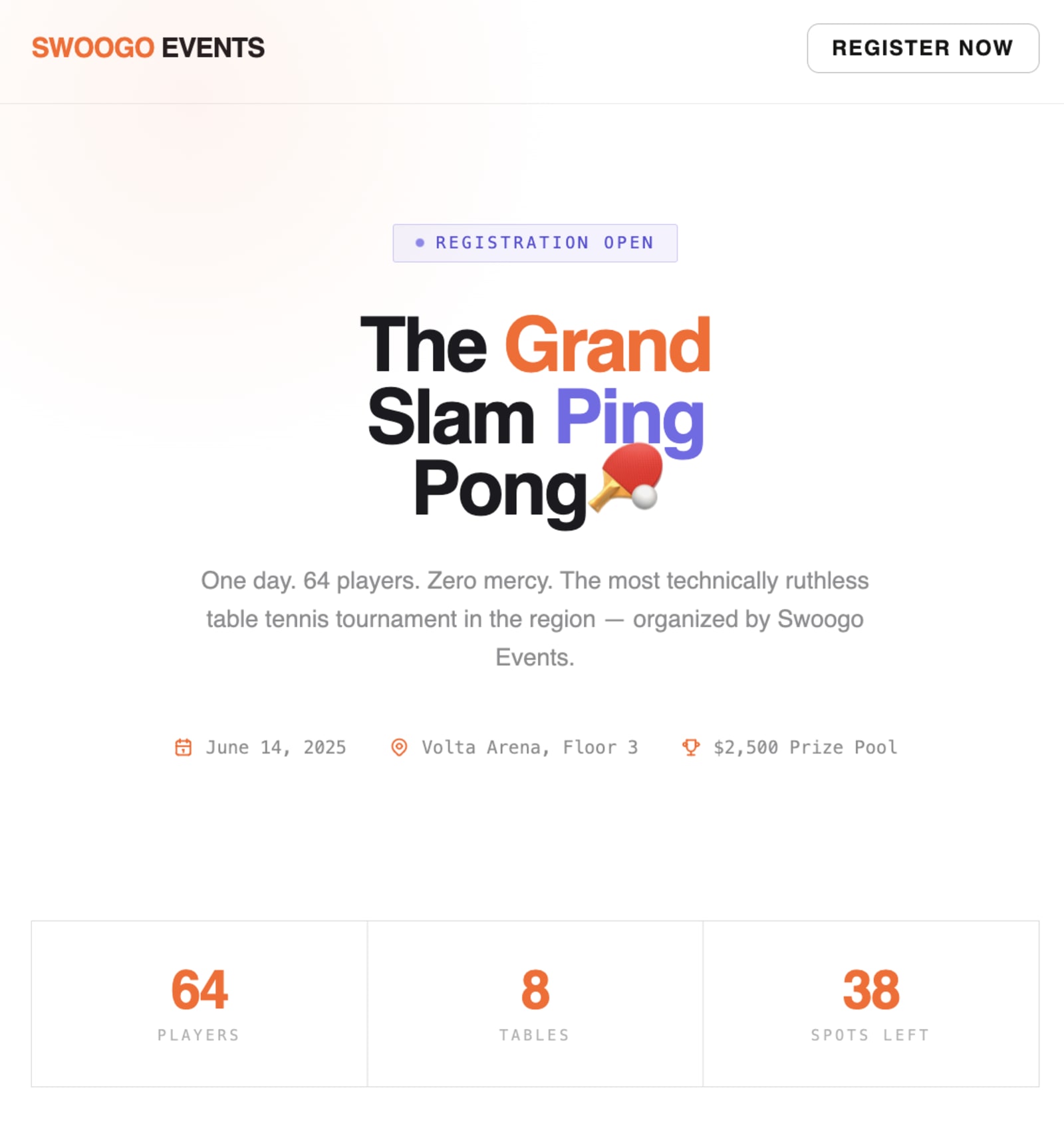 vibe coded event landing page for Swoogo ping pong event