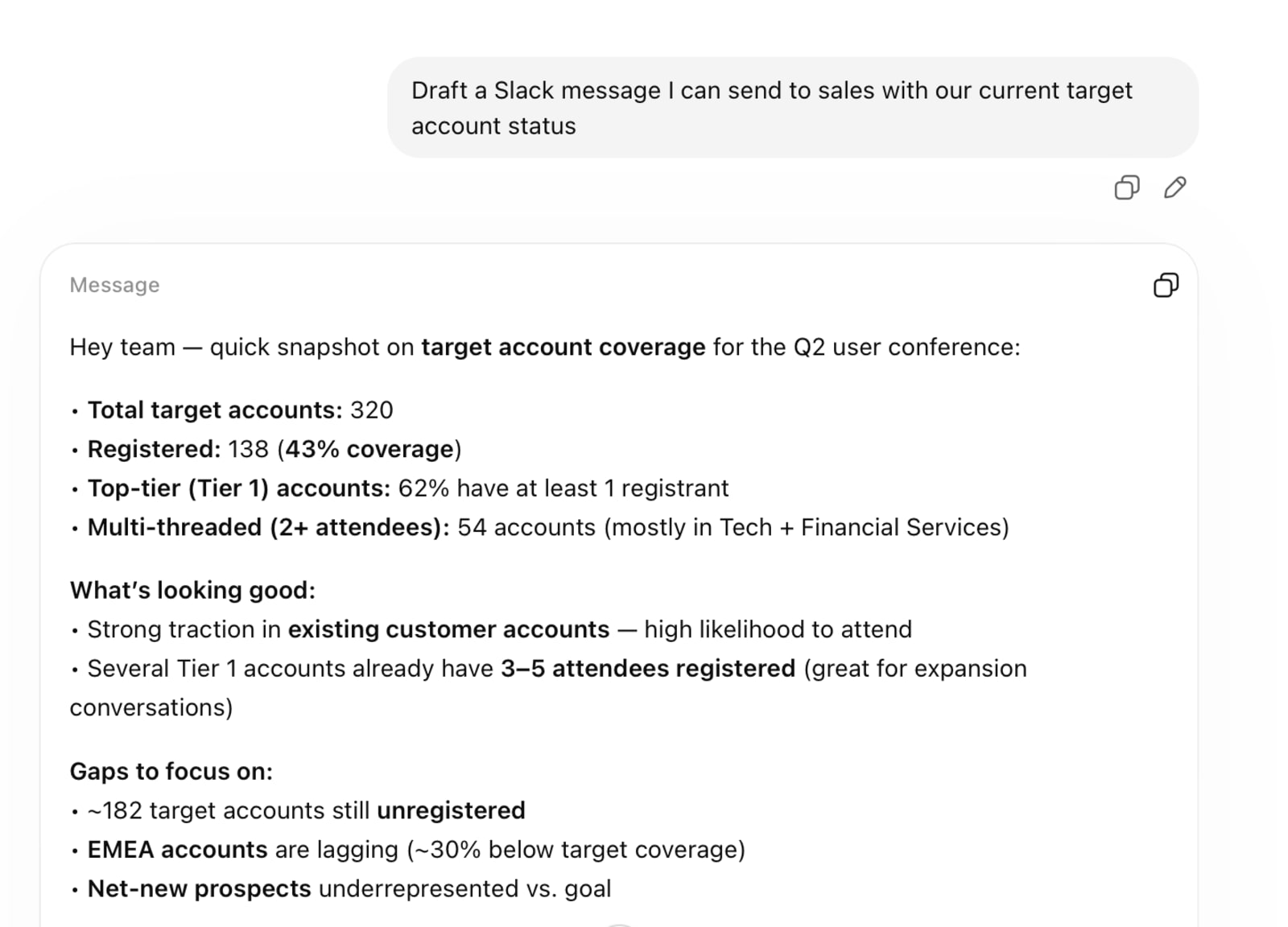 Drafting a slack message with ChatGPT with event data from Swoogo's MCP.
