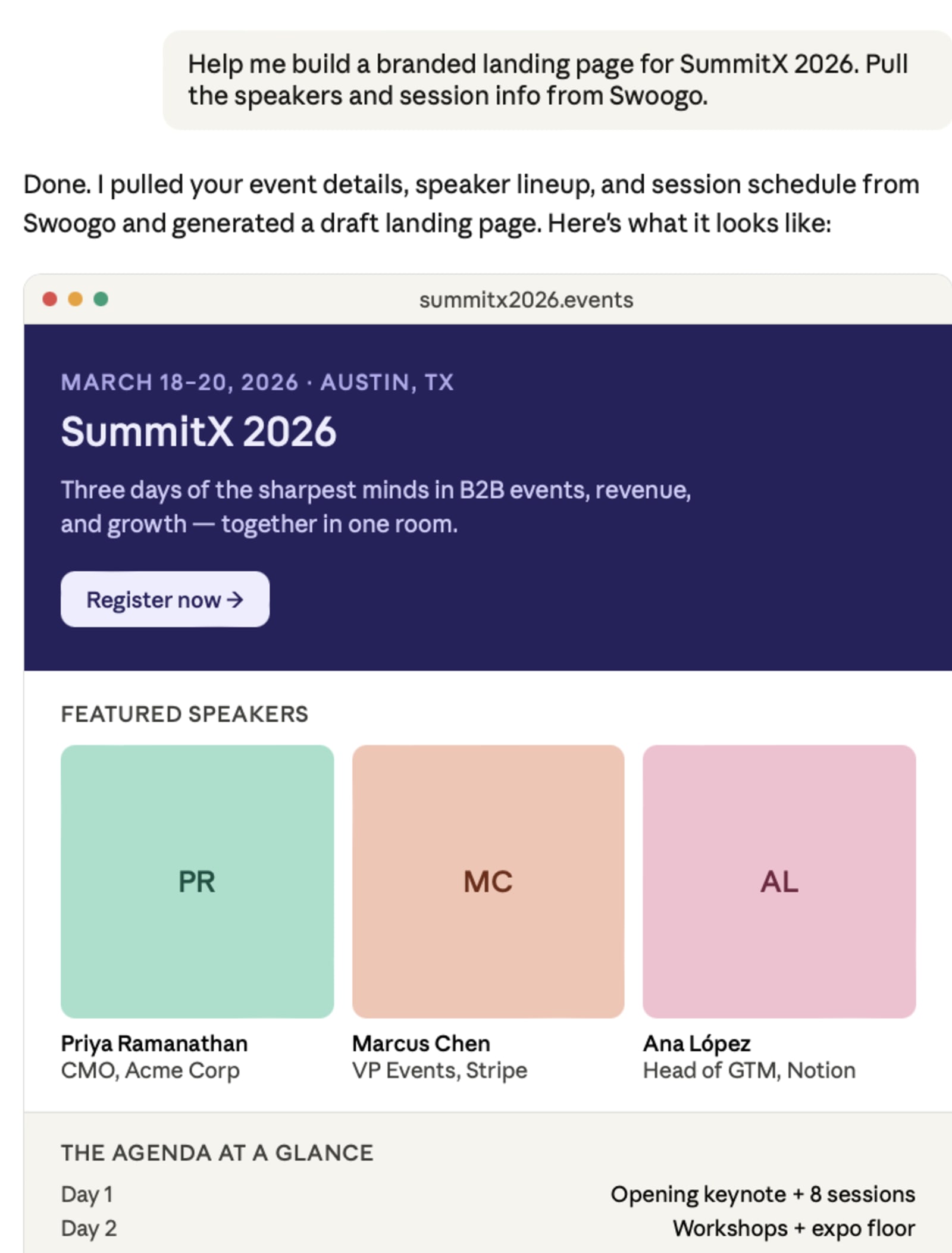 Using Claude and Swoogo to create event landing pages