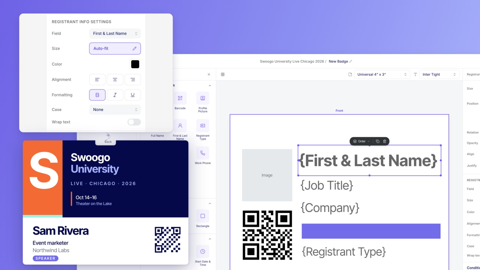 Swoogo Badge Designer interface showing drag-and-drop badge layout editor with field settings