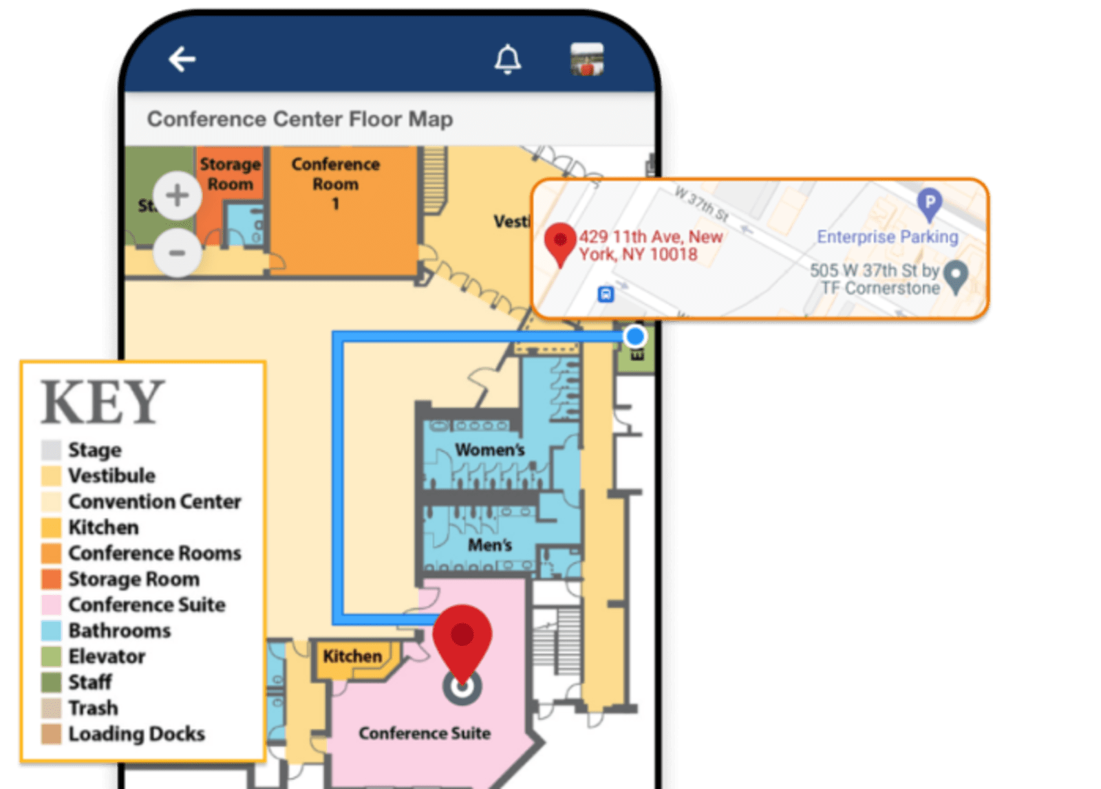 EventMobi mobile app showing an interactive conference center floor map with room labels, a location pin, and venue address details.