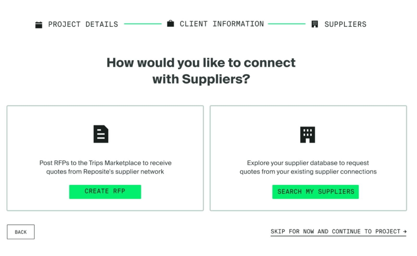Cvent supplier sourcing screen offering options to create an RFP or search an existing supplier database for event quotes.
