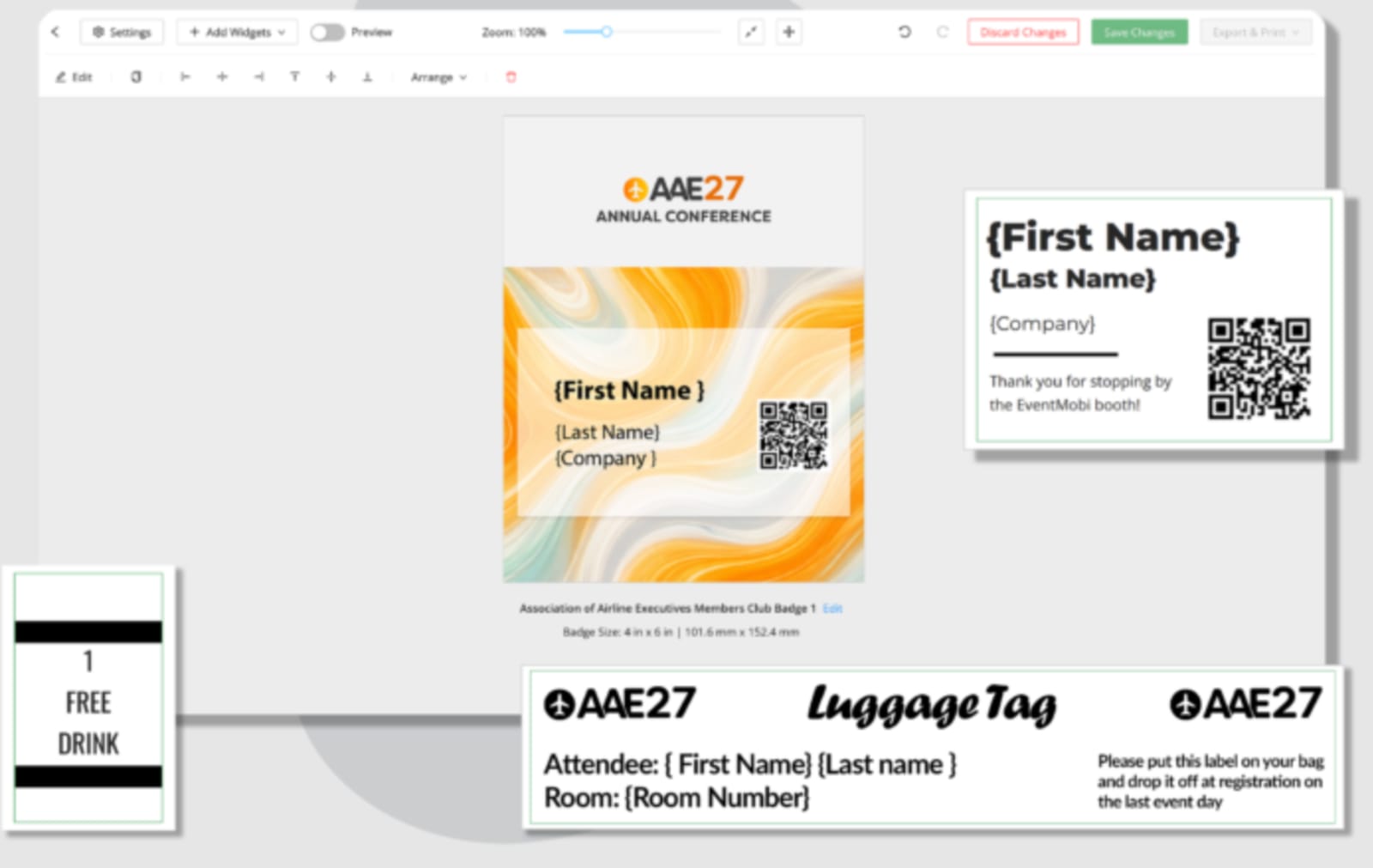EventMobi badge designer showing customizable attendee badges, QR codes, drink tickets, and luggage tags for an annual conference.