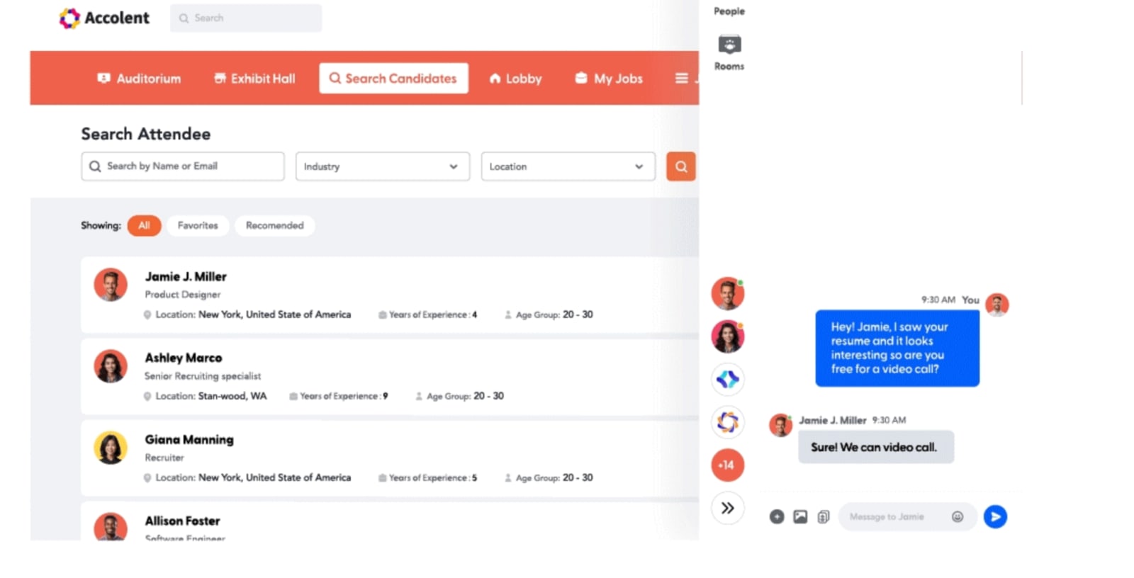 vFairs virtual recruitment platform showing searchable candidate profiles and a recruiter chat used to arrange a video interview.

