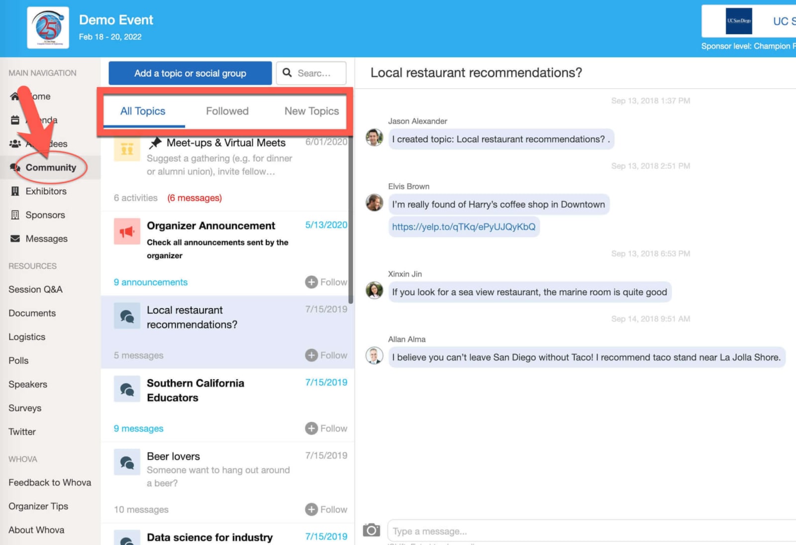 Whova Community screen showing attendee discussion topics, social groups, meetups, organizer announcements, and a conversation about local restaurant recommendations.