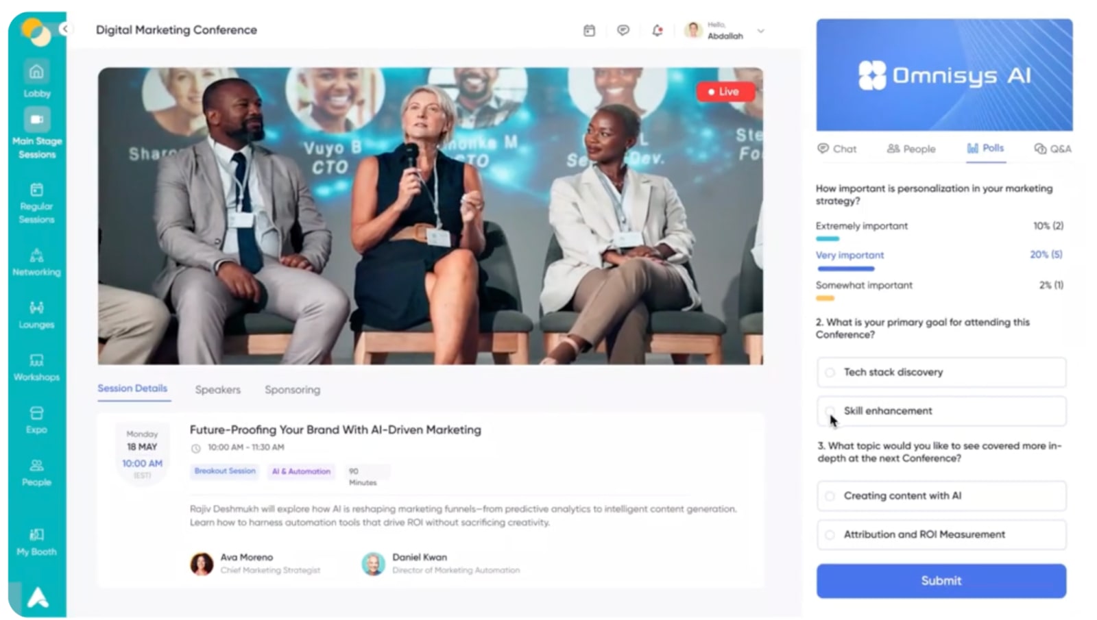 Accelevents virtual event platform showing a live conference session with speaker details, attendee navigation, chat, networking, polls, and Q&A.