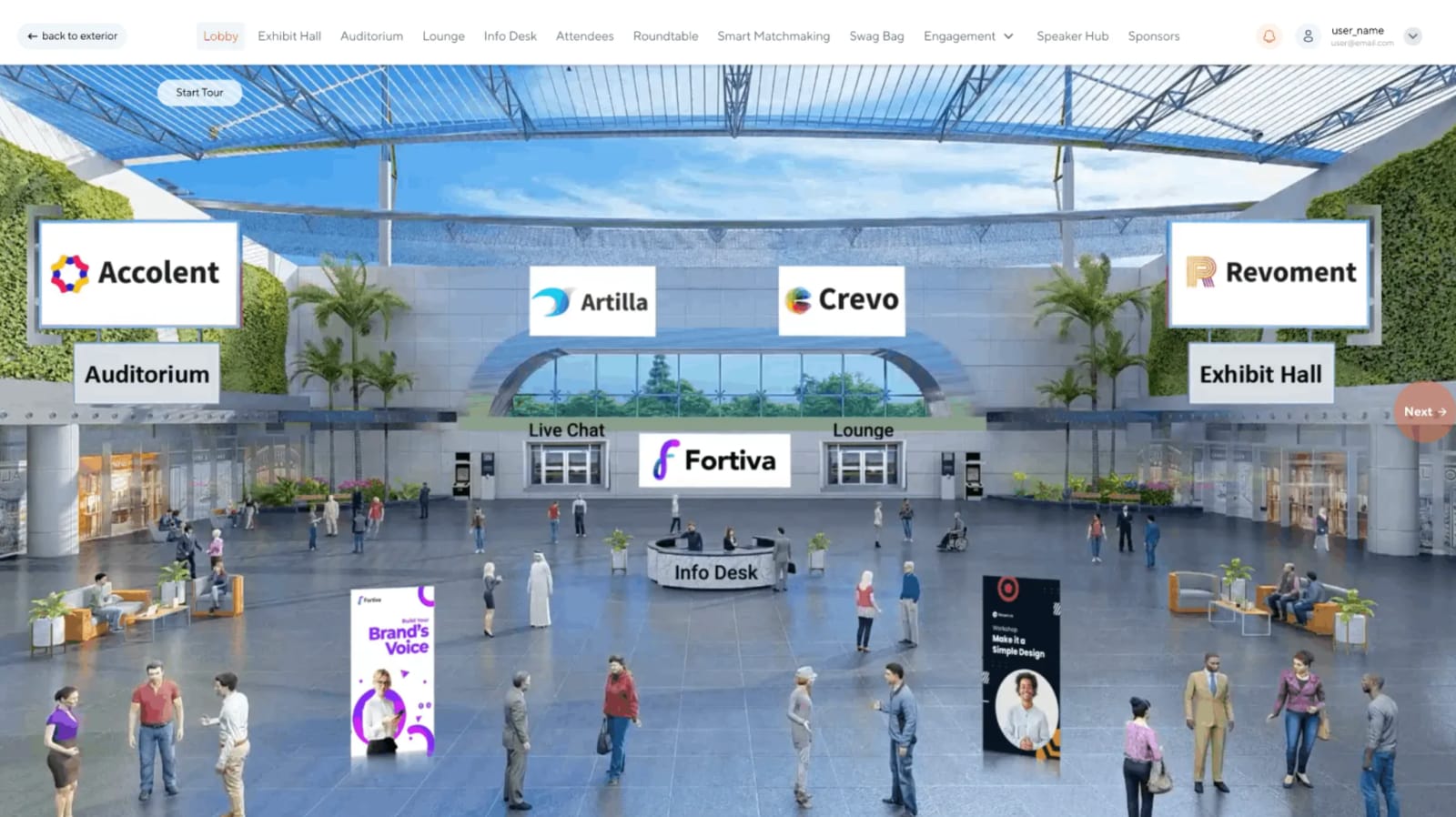 VFairs branded virtual event lobby with attendees and sponsor logos.