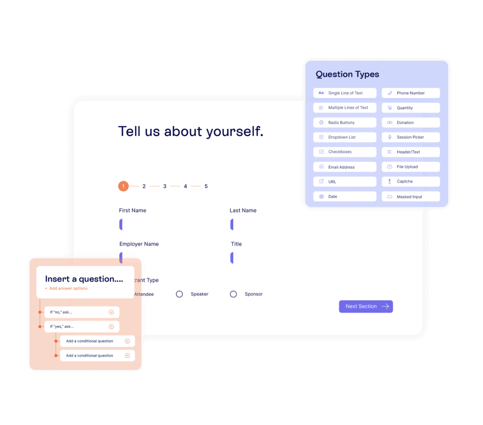 Swoogo registration form builder showing customizable question types and conditional logic for attendee, speaker, and sponsor registration paths.
