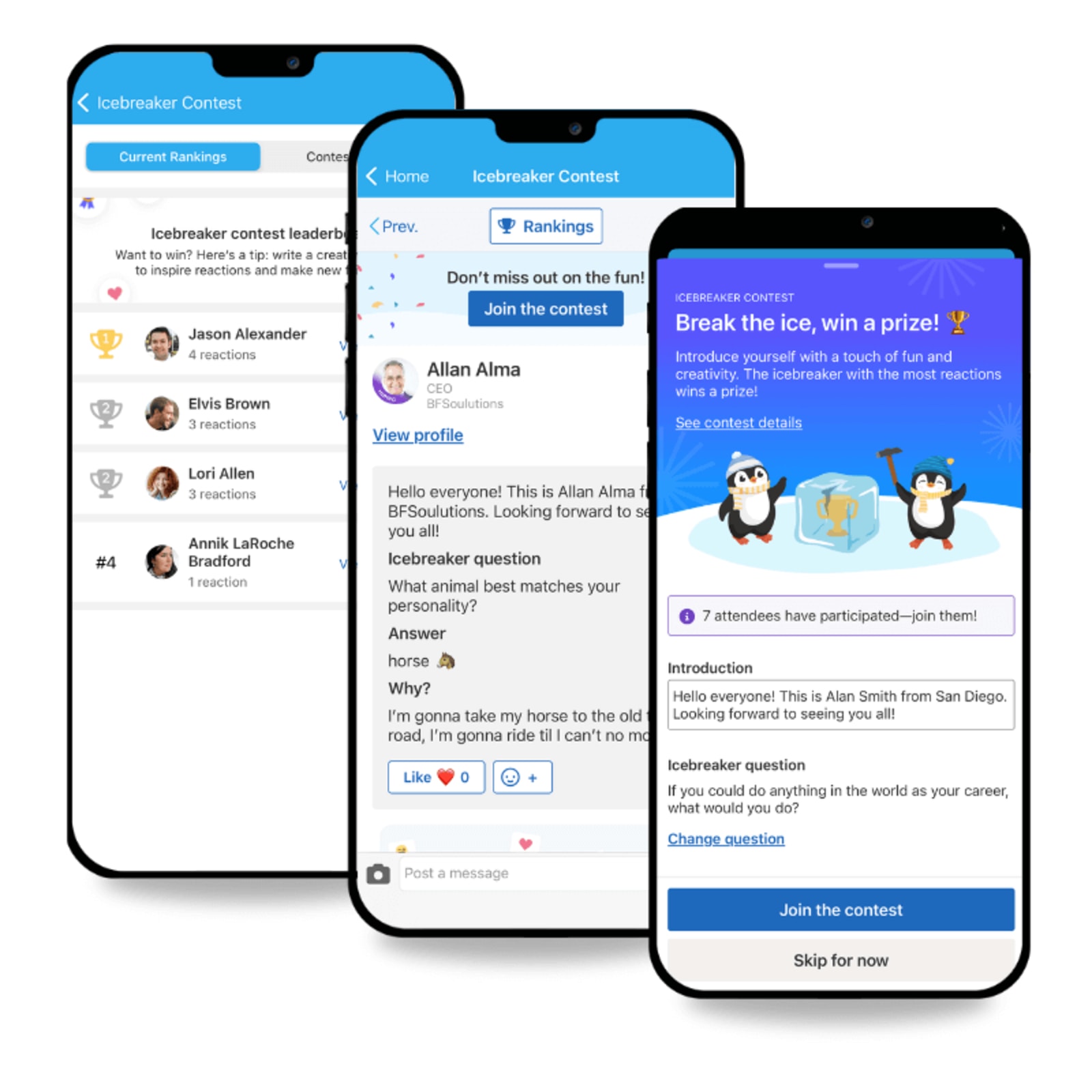Whova mobile event app showing an icebreaker contest with attendee introductions, reactions, rankings, prizes, and gamified participation.
