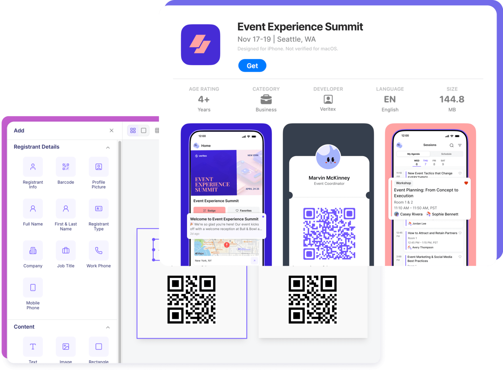 A branded Swoogo event app in the App Store, with home, digital badge, and agenda screens, layered over the drag-and-drop badge designer.