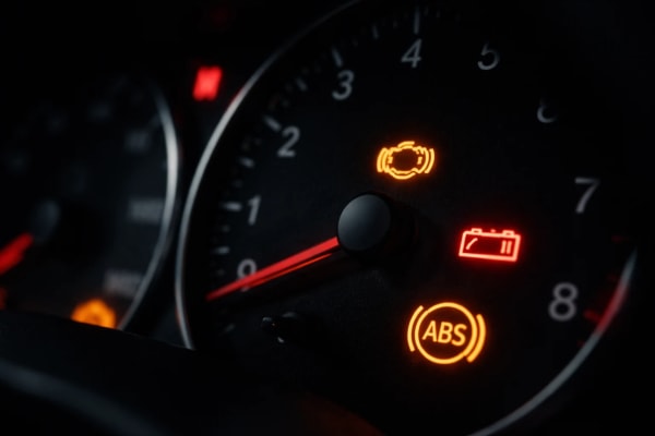 Dashboard med varsellys - ABS og batterifeil på defekt bil