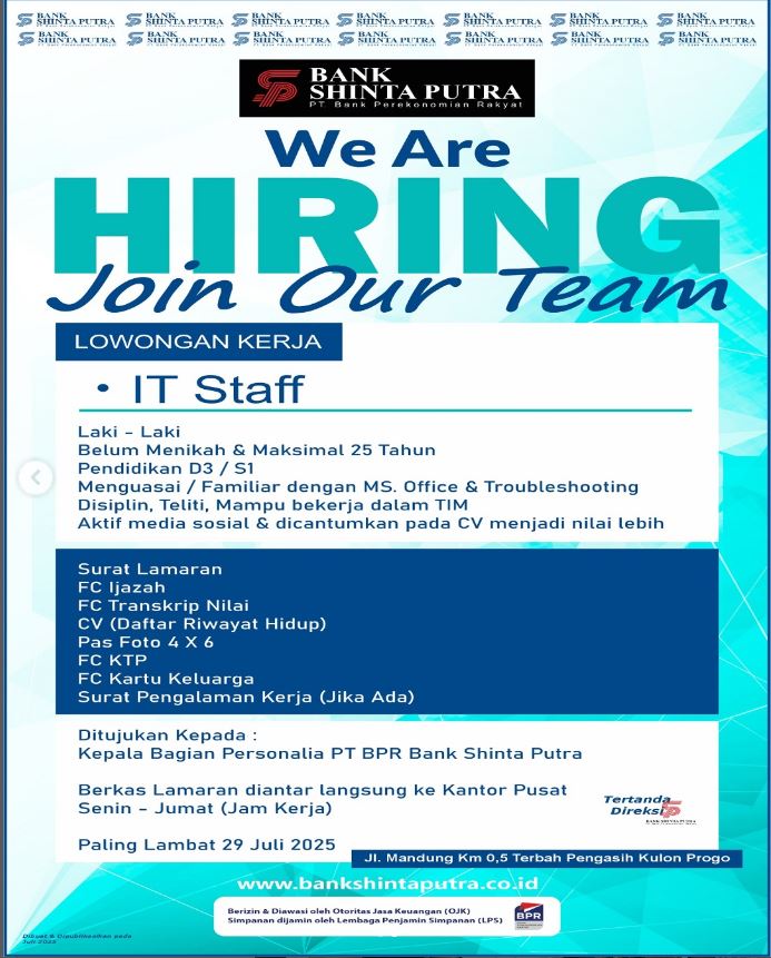 Lowongan Kerja IT Staff di Bank Shinta Putra Kulon Progo