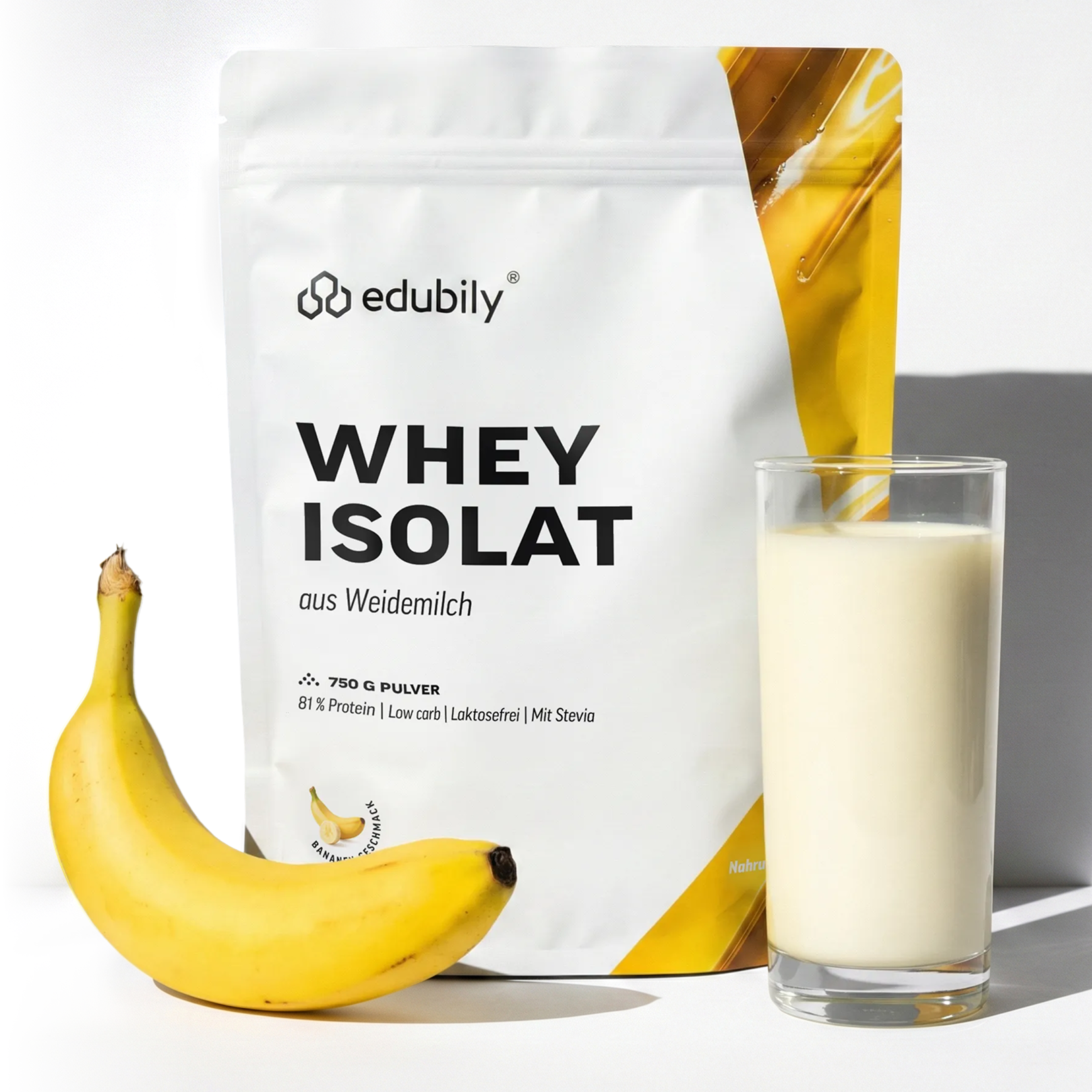 Whey Isolat - Banane / 750g | 90% reines Protein Whey Isolat aus Molke | Hochwertiges CFM-Whey-Isolat | Laktosefrei & Zuckerfrei | edubily