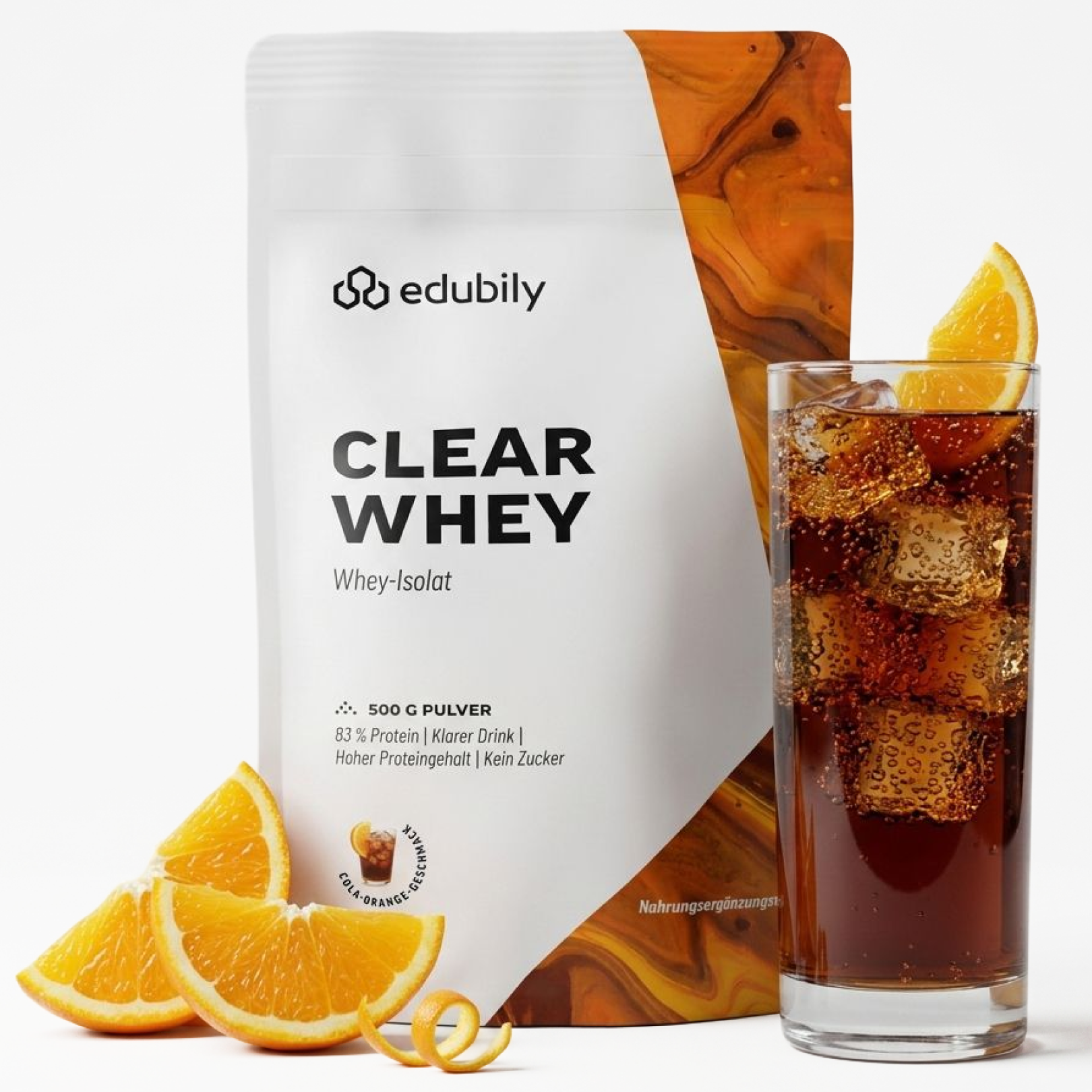 Clear Whey - Cola-Orange / 500 g | Klarer Proteindrink | 83% reines Protein Whey Isolat | Mit Stevia | Laktosefrei & Zuckerfrei | edubily