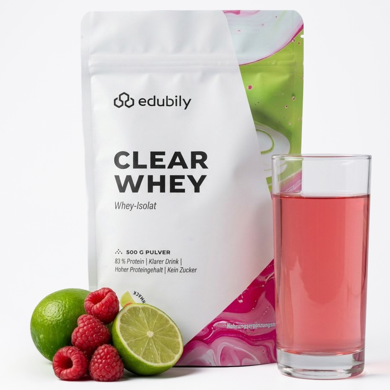 Clear Whey - Himbeer-Limette / 500 g | Klarer Proteindrink | 83% reines Protein Whey Isolat | Mit Stevia | Laktosefrei & Zuckerfrei | edubily