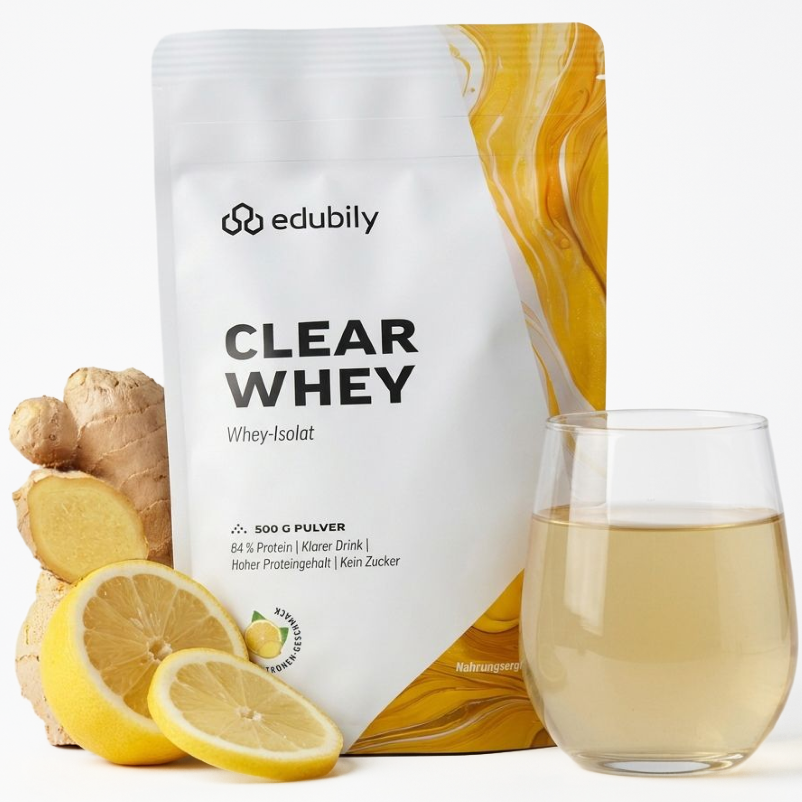 Clear Whey - Ingwer-Zitrone / 500 g | Klarer Proteindrink | 83% reines Protein Whey Isolat | Mit Stevia | Laktosefrei & Zuckerfrei | edubily