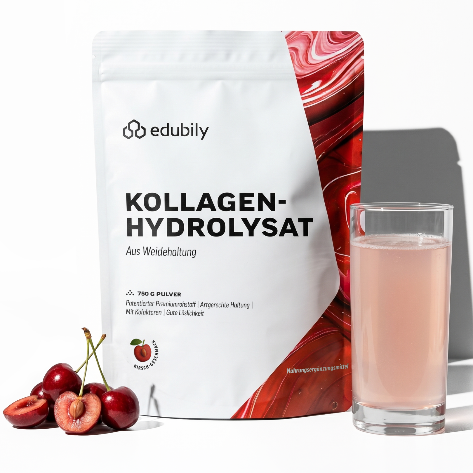 Kollagen-Hydrolysat Pulver - Kirsche / 750 g | Laborgeprüft | Kollagen Typ 1 & Typ 2 mit 90% Protein & Vitamin C | Gut Löslich | edubily