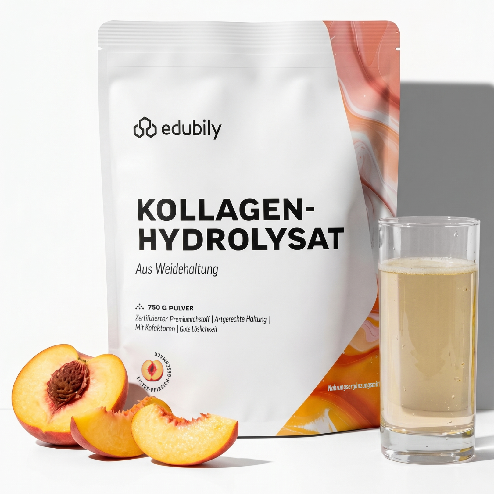 Kollagen-Hydrolysat Pulver - Eistee-Pfirsich / 750 g | Laborgeprüft | Kollagen Typ 1 & Typ 2 mit 90% Protein & Vitamin C | Gut Löslich | edubily